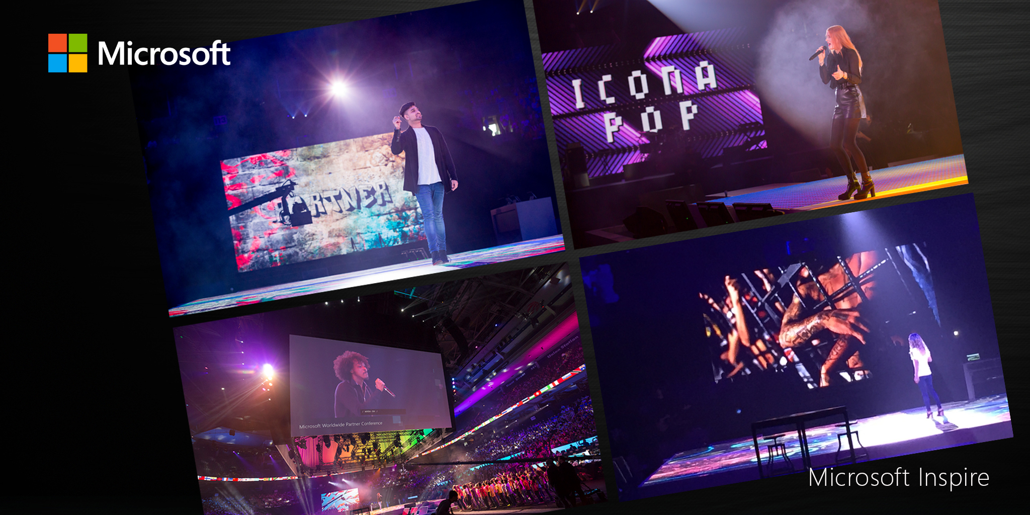 EVENT Microsoft Inspire Microsofts biggest Tier 1 event, Inspire, brings their entire network of partners together from around the world under one roof to inform, engage and inspire them with the latest company visions. With our producing partners, Dialogue, we created creative direction, graphics, motion and branded experiences to four days of keynotes including entertainment, spoken word and storytelling. 