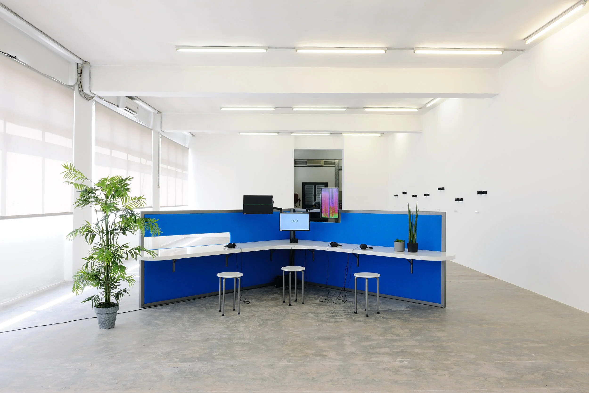 LA_EThe Whole Truth_2012_Reverse engineered lie detector, 3 channel video, stereo sound, desk, 3 chairs, 3 artificial plants_24 minutes_612x435x190cm_5.jpg