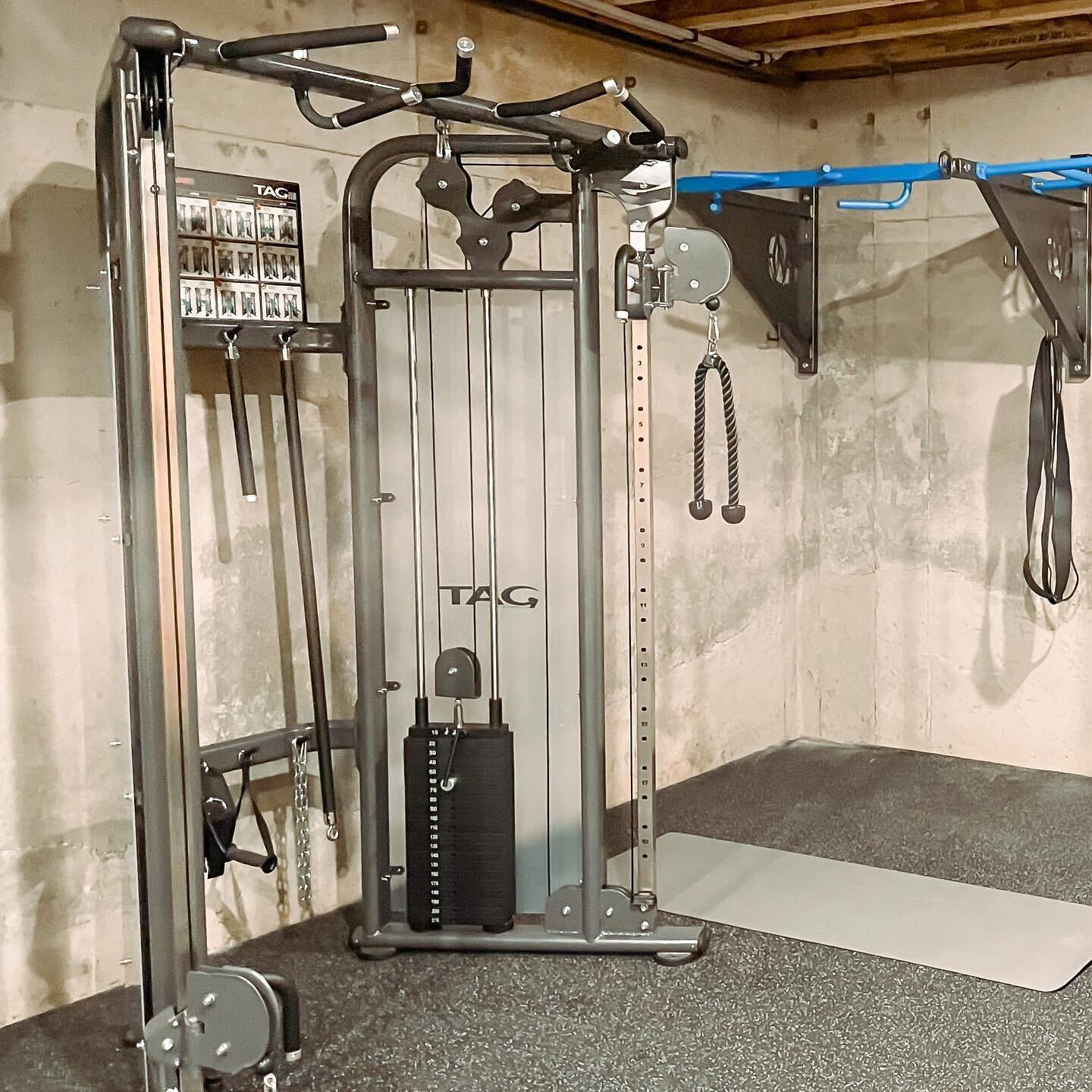 Client installation. Gym flooring, wall mount system by Movestrong, Functional trainer, concept2 Rower, Air Assault bike and refurbished Cybex treadmill.