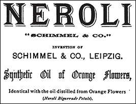 An advertisement from 1899 for Schimmel's Synthetic Oil of Orange Blossoms, "identical with the oil distilled from Orange Flowers." Methyl anthranilate was a crucial component in this compound.