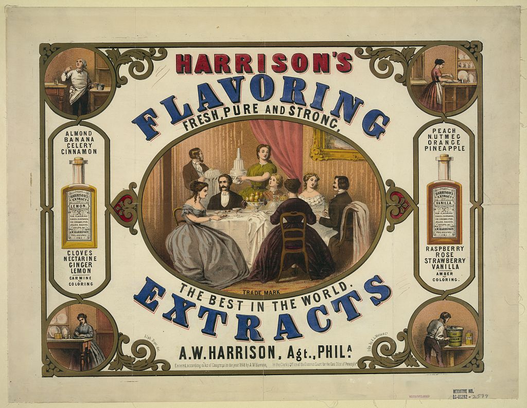 Harrison's Extracts, the best in the world. Some of these flavors were likely made with "natural" ingredients (clove, cinnamon, ginger, lemon), some with synthetic chemicals (pineapple, peach, banana, strawberry, raspberry.) Image from Library of Congress.