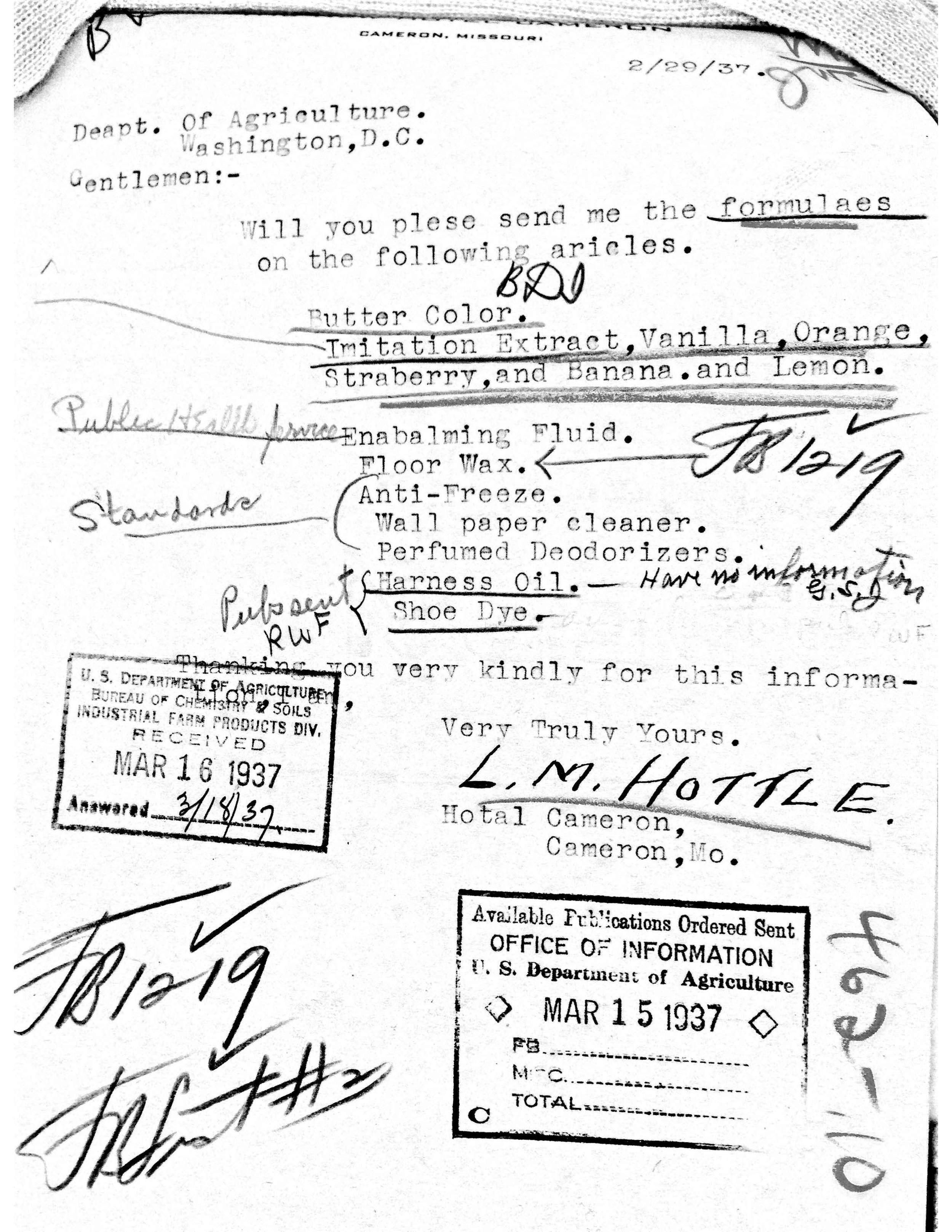 L.M. Hottle asks for miscellaneous formulae. From Bureau of Chemistry records, National Archives.