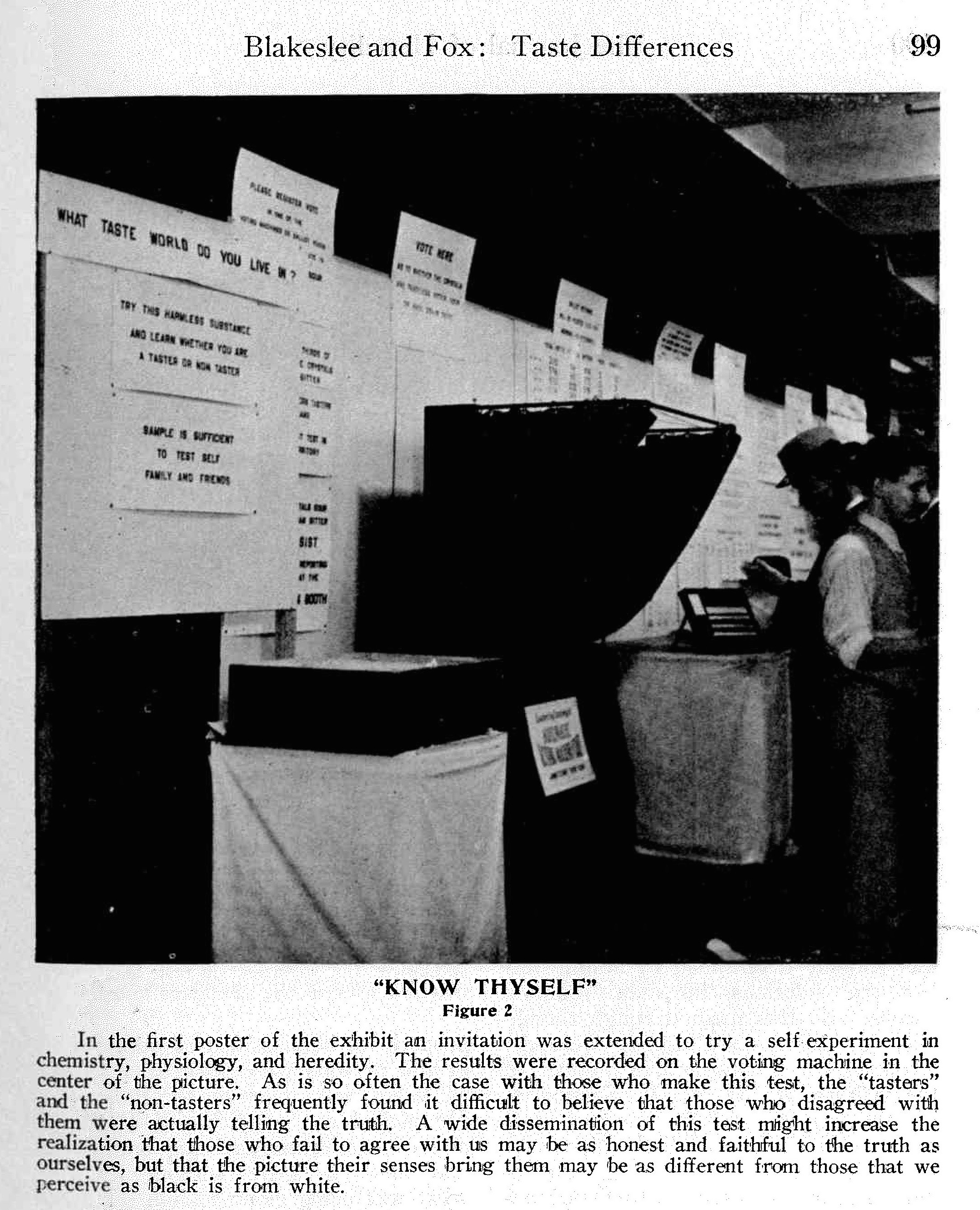 "What Taste World Do You Live In?" "Know Thyself" "Vote Here" ... In the Taste Exhibit at the 1931 New Orleans meeting of the AAAS, messages of self-knowledge, scientific participation, and civic engagement intermingled. Image from the March 1932 Journal of Heredity.