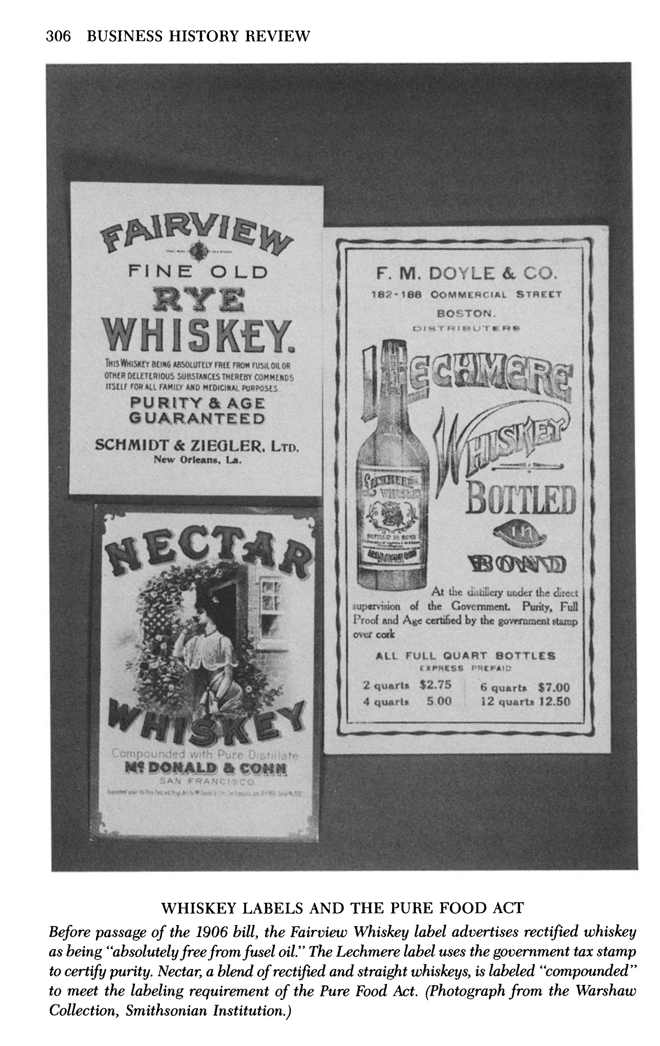 Different whiskey labels from Jack High and Clayton Coppin's article, "Wiley and the Whiskey Industry: Strategic Behavior in the Passage of the Pure Food Act," Business History Review, Summer 1988.