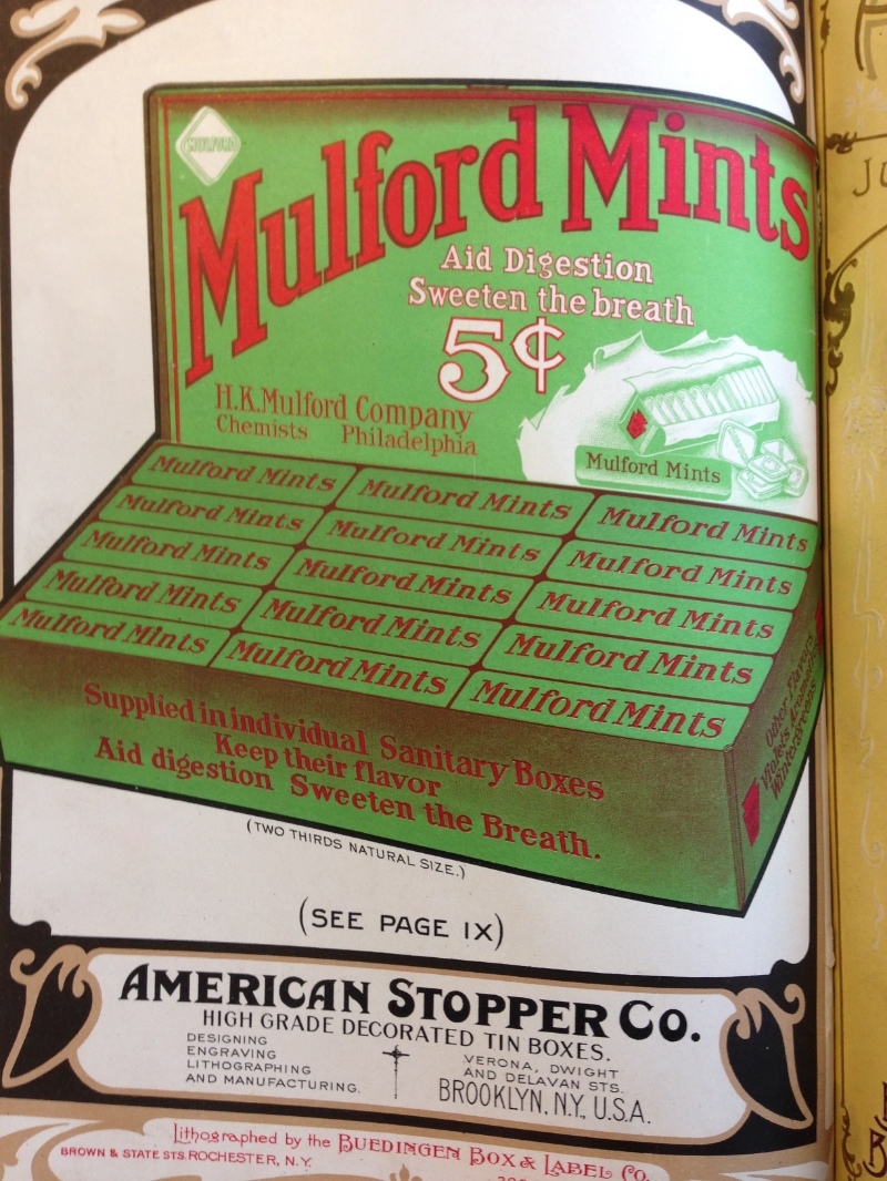  One of the beautiful color lithographed advertisements in American Perfumer & Essential Oil review, this 1913 ad for Mulford Mints draws attention to their "individual sanitary boxes" which "keep their flavor."