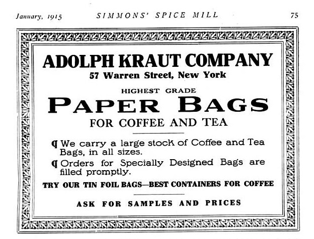 The importance of finding the right container; in this case tin foil bags for coffee. Spice Mill, 1915.