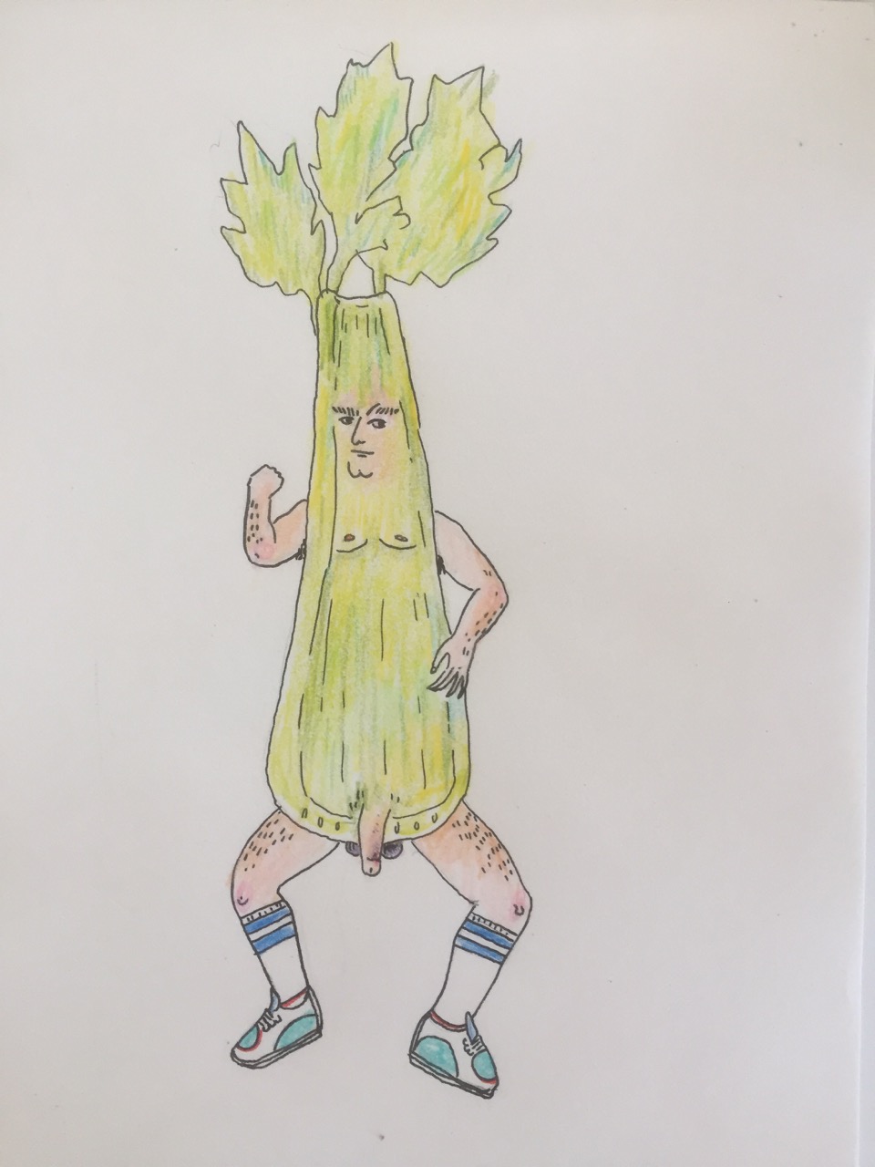 After I posted this blog with the picture of Ms. Sexy Celery above, I realized that the purported heterosexual dynamics of androstenone were much better illustrated by a celery that was sexily gendered male. I'll leave unexamined here the admission that even a self-declared feminist (yours truly) reflexively defaults to the feminine when depicting sexiness. Masculine sexy celery, also beckoning you with chemistry (powerfully?), is my attempt to remedy the earlier mistake. 