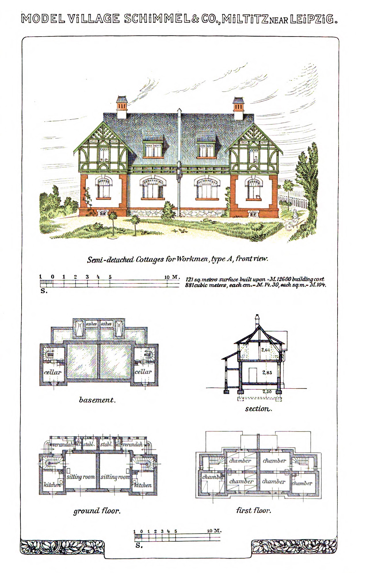 Semi-detached cottages for workmen. From Schimmel & Co's Works, 1908.