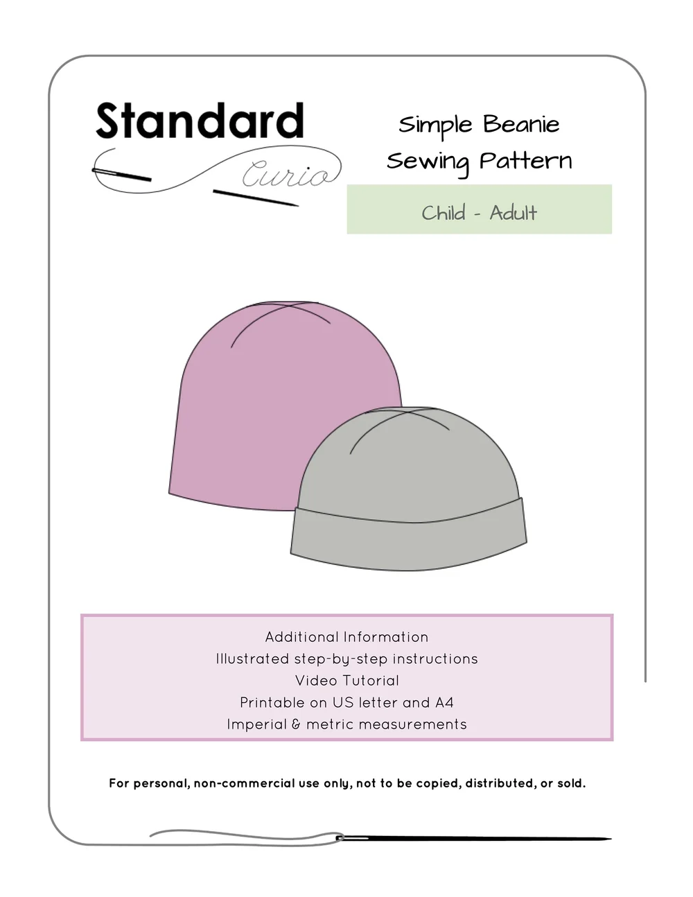 Simple Beanie PDF Sewing Pattern Double-Layered, Sizes,  Beginner-Friendly — Standard Curio