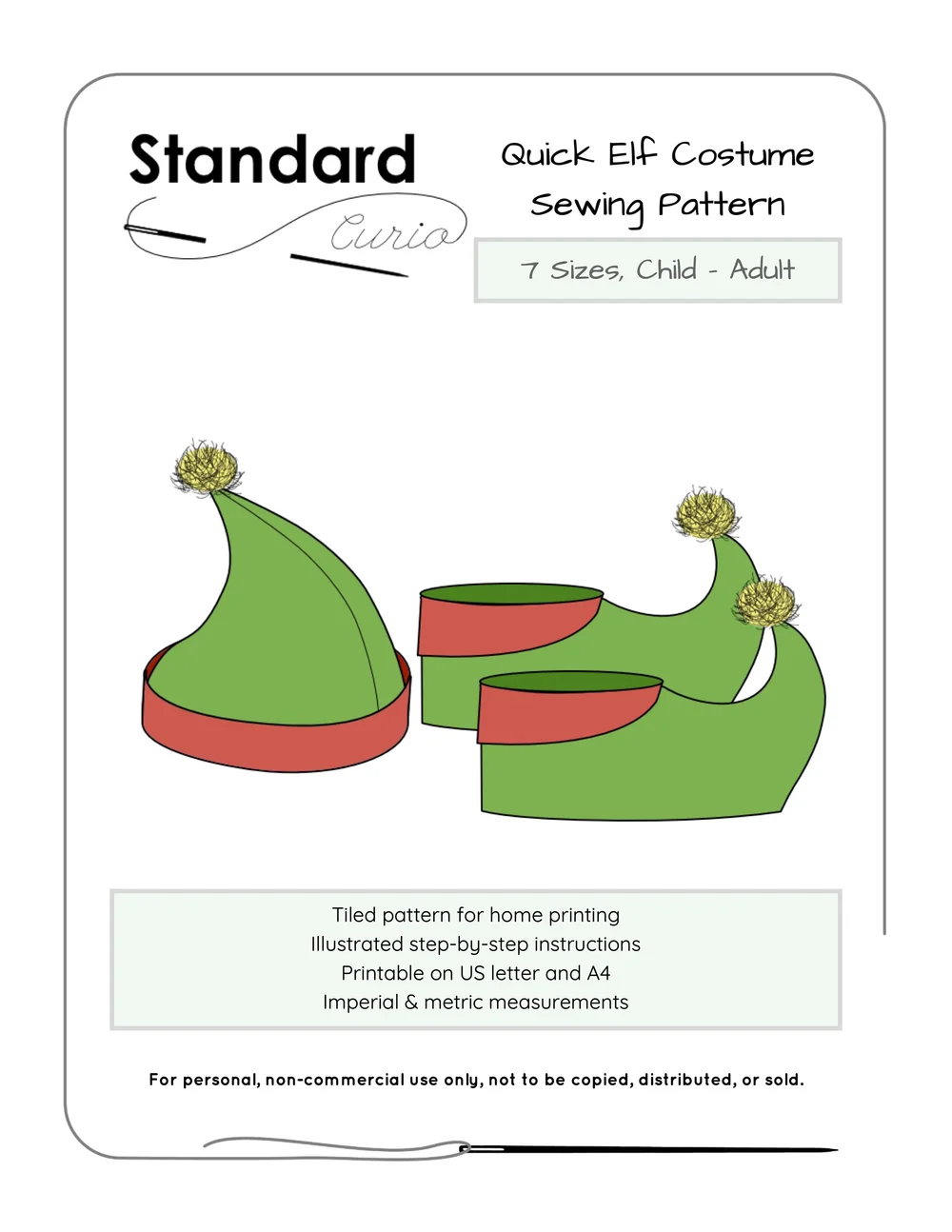 Quick Elf Costume PDF Sewing Pattern | Hat & Shoe Covers, 6 Sizes, Holiday Costume — Standard Curio quick-elf-costume-pdf-sewing-pattern-hat-shoe-covers-6-sizes-holiday-costume-standard-curio