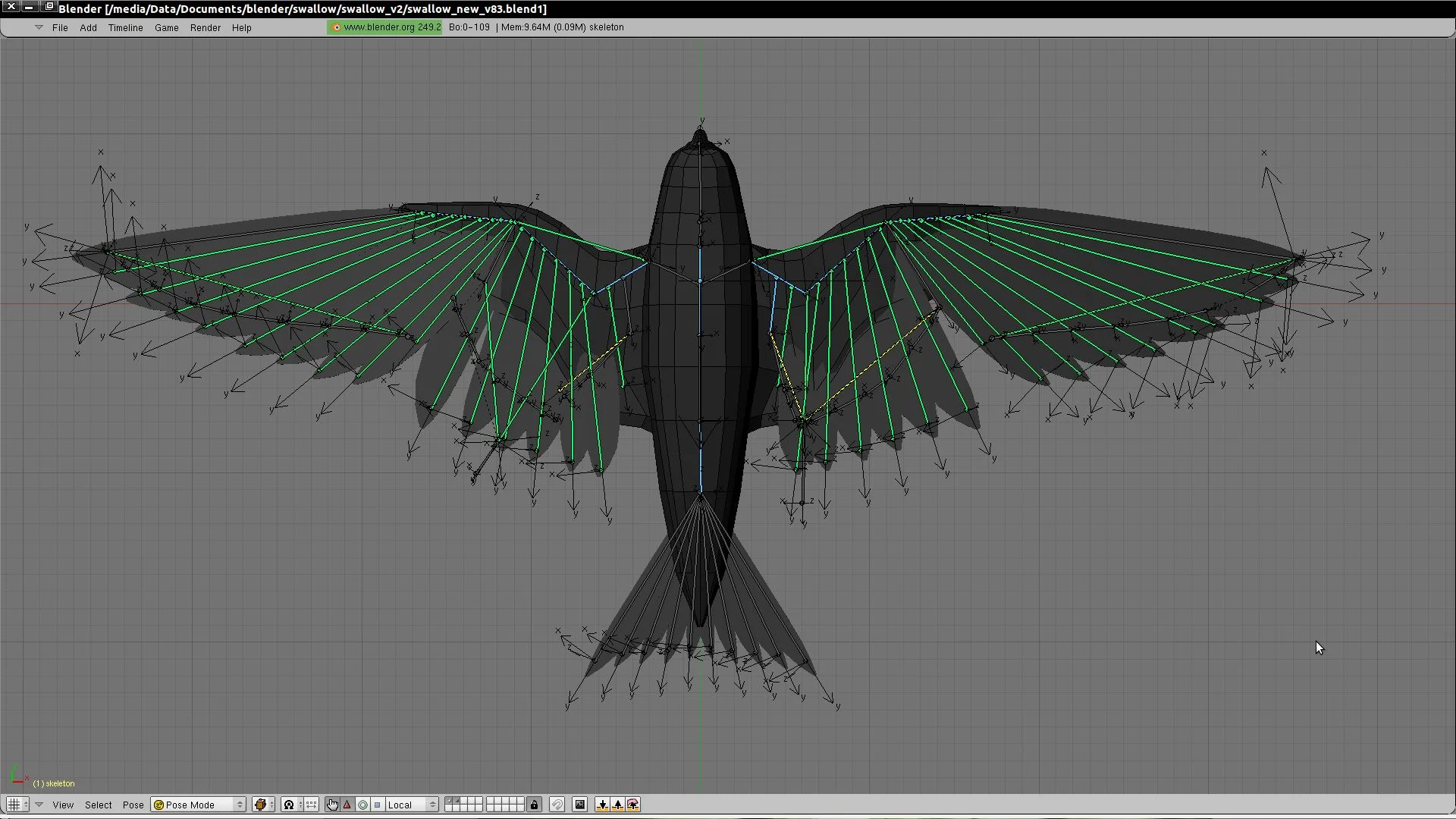 Bones which are used to pose and animate the whole model. Predefined
rules of interaction between the bones an the feathers make the feathers
to fold automatically according on the orientation of the humerus and
radius bone.