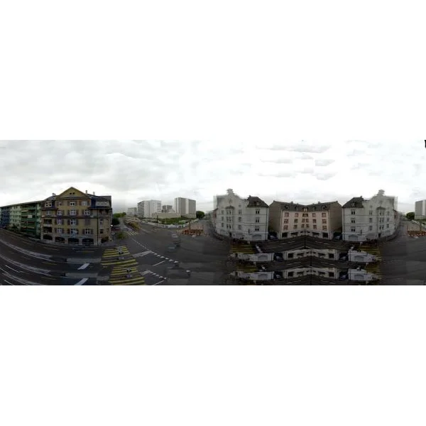 A 12 MP, 32 Bit HDRI panorama was then used to create a more realistic
light setup. The panorama used was created using multiple images with
different exposures and stiched with the PTGUI stiching software. Missing pieces where added by mirroring and cloning. The resulting panorama was used for environmental mapping and part of the background. As
this map was primarily used to create the lighting conditions, the
exact content of the parts do not really matter, as long as the general
brightness and color is correct. 