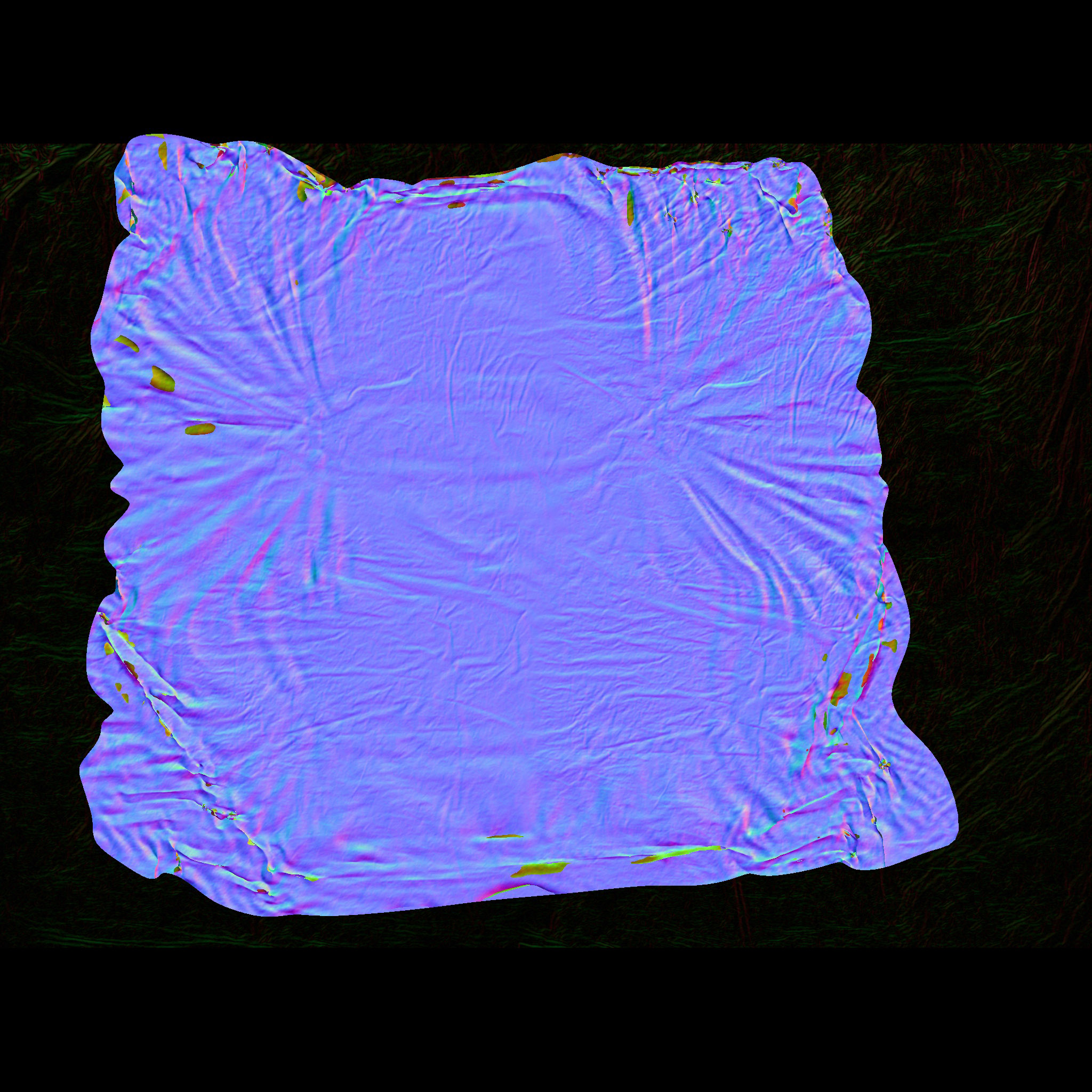 Enhanced normal map by overlaying an additional fine detail normal
map from other source (an old blanket thrown on the floor, photographed
and post-processed).