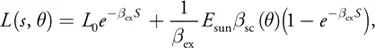 S is the distance traveled through the media and q is the angle between the ray and the sun. E sun is the source illumination from the sun, b ex is the extinction constant composed of light absorption and out-scattering properties, and b sc is the angular scattering term composed of Rayleigh and Mie scattering properties
