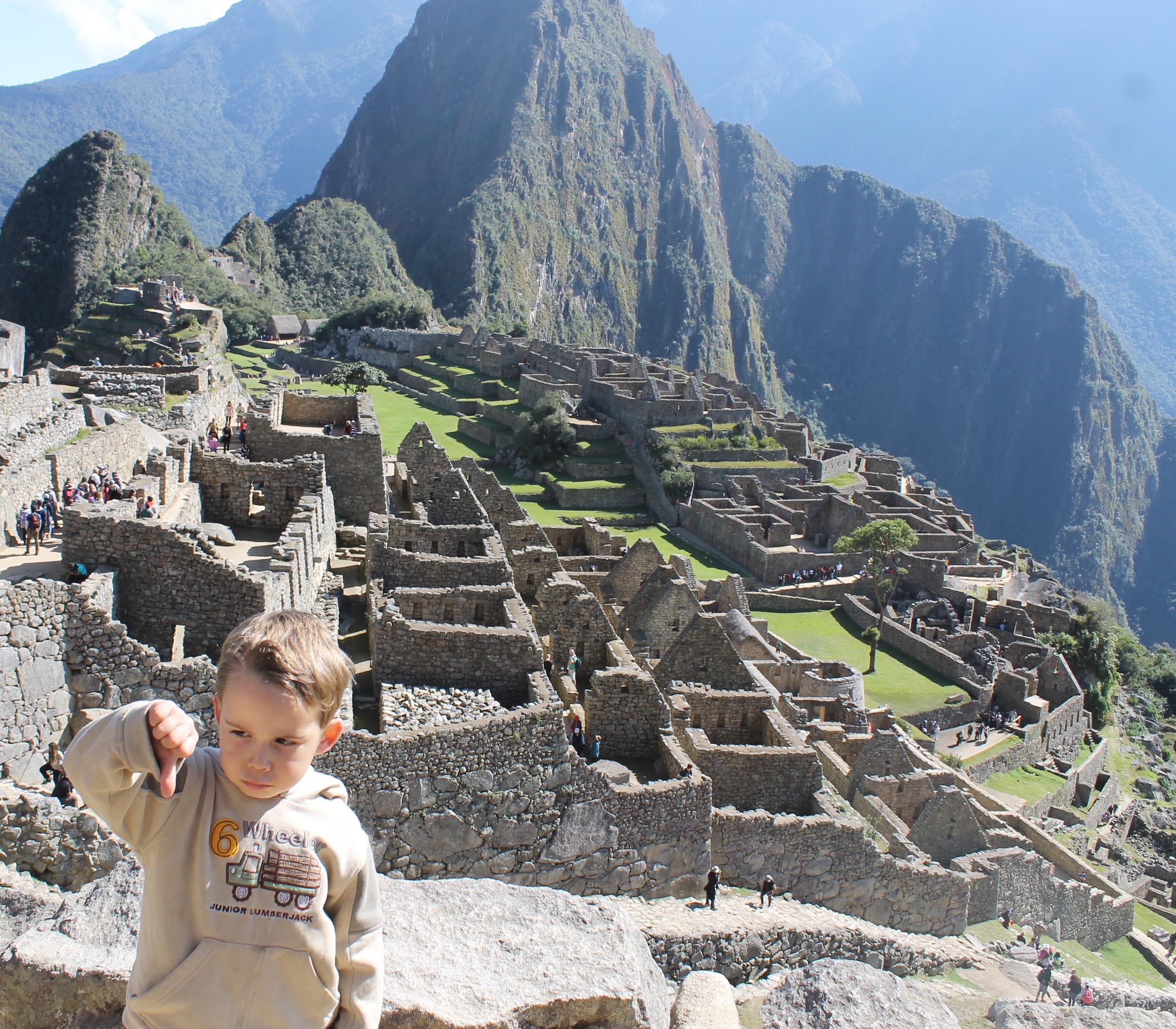  Kaleb's impression of Machu Picchu! He wasn't quite so impressed by all the walking around big stones and being hauled up the hills!&nbsp; 