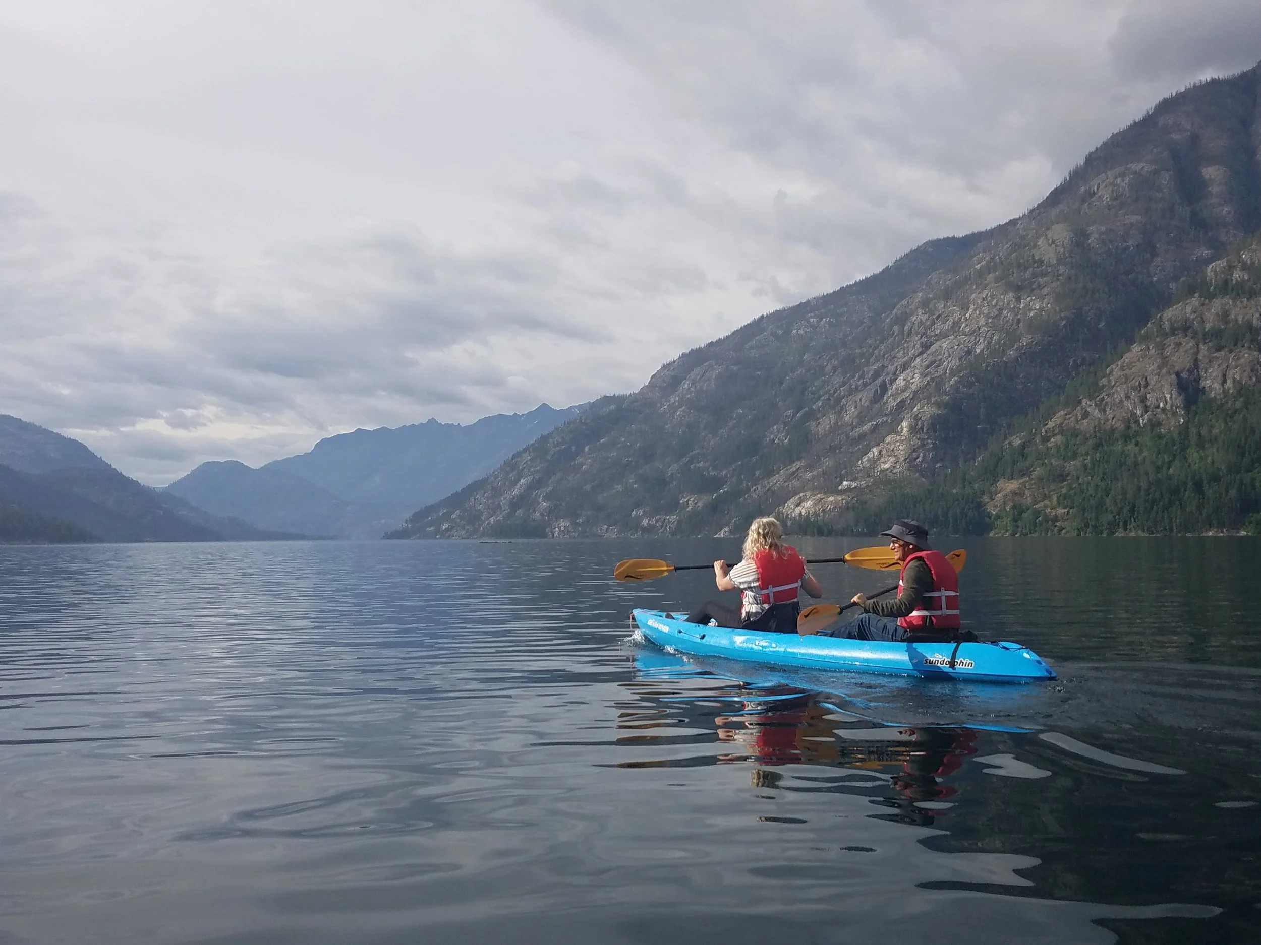 Kayaks rented from the North Cascades Lodge in Stehekin make a great way to explore Lake Chelan but be aware of shifting winds that can make paddling northward a slog. Photo by M.M. Ruth