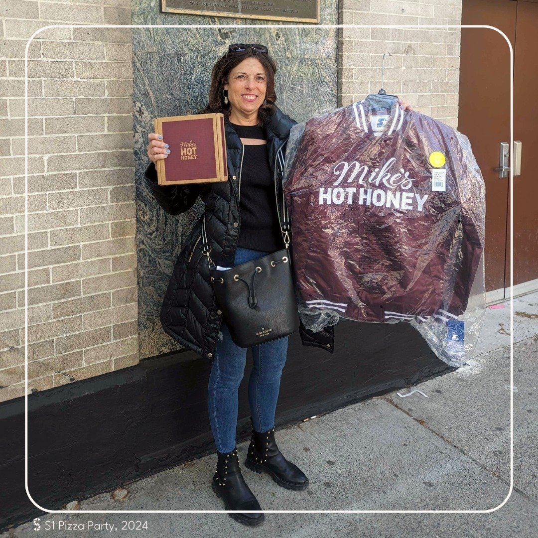 Congratulations to Joyce Staszewski, our @mikeshothoney raffle winner from our #DollarSliceParty!🍕🏆 

This epic prize included: 

🍯MHH Starter Varsity Jacket 
🍯MHH hat 
🍯MHH cocktail kit 
🍯24 oz bottle of original MHH 
🍯24 oz bottle of MHH Ext
