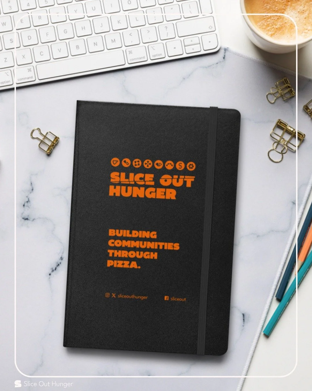 Whether you’re firing up new ways to fight hunger or jotting down a pizza order🍕, our #SliceOutHunger notebook📙 has you covered!
This notebook features:
📃80 lined pages w/ built-in elastic closure + ribbon bookmark
📓Expandable stora