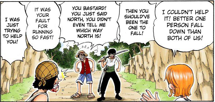 "You bastard! You just said North, you didn't even tell me which way North is!" - Luffy ( One Piece , chapter 30)