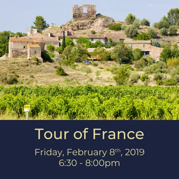 $35.00 France can be a daunting wine region to grasp. In this tasting based tour we’ll uncover the main wine growing regions of Burgundy, Bordeaux, Loire, Rhone,and more. We’ll talk about labeling laws and grape varieties and how learning just a few tricks can help you pick that perfect bottle.