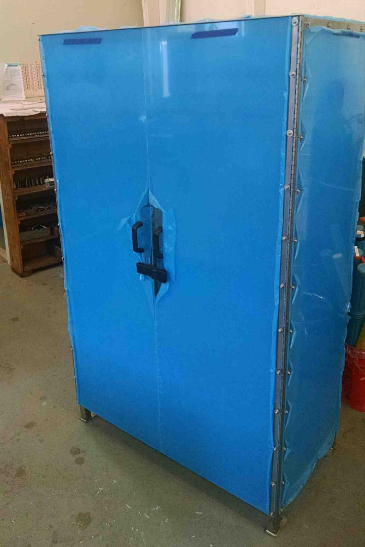 Custom food grade Stainless Steel cabinet with the protective plastic still on the acrylic (much easier to see the acrylic in this photo.)