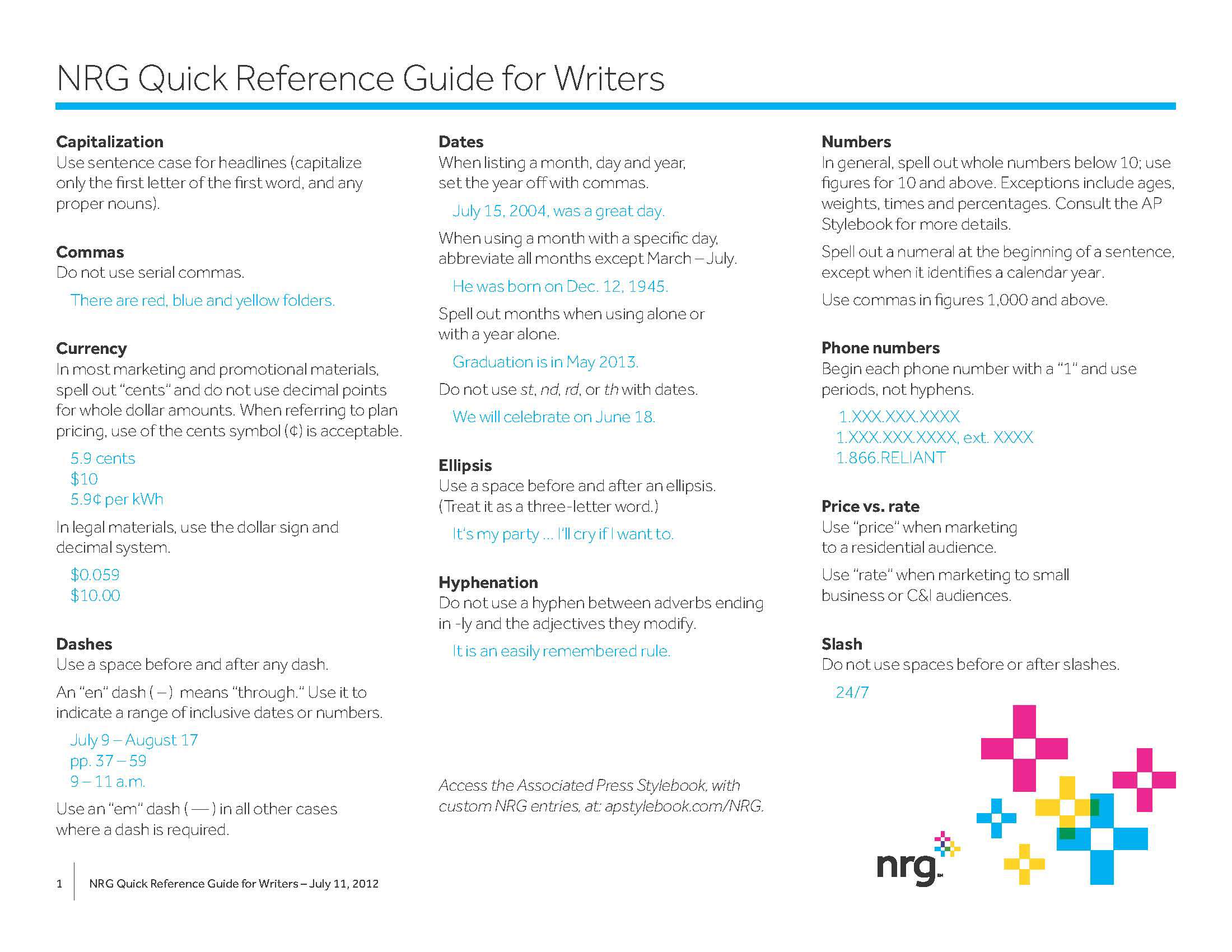 NRG Quick Reference Guide for Writers
