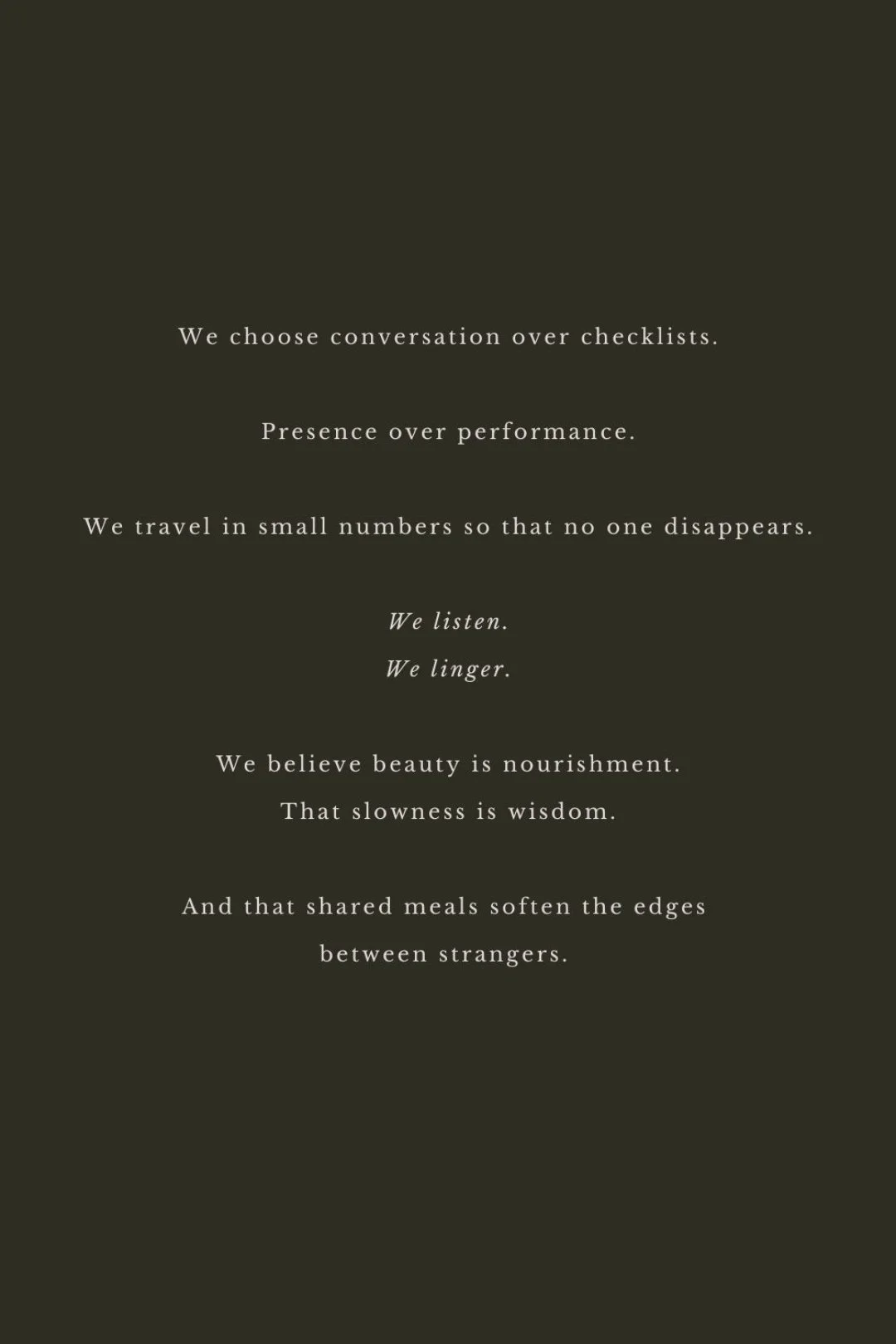This is not a highlights trip. It&rsquo;s a slower journey to the heart of Tuscany.

Eight seats at the table.
Meals that linger.
Days that aren&rsquo;t overfilled.
Conversations that feel warm and connected.

I designed this for those who don&rsquo;