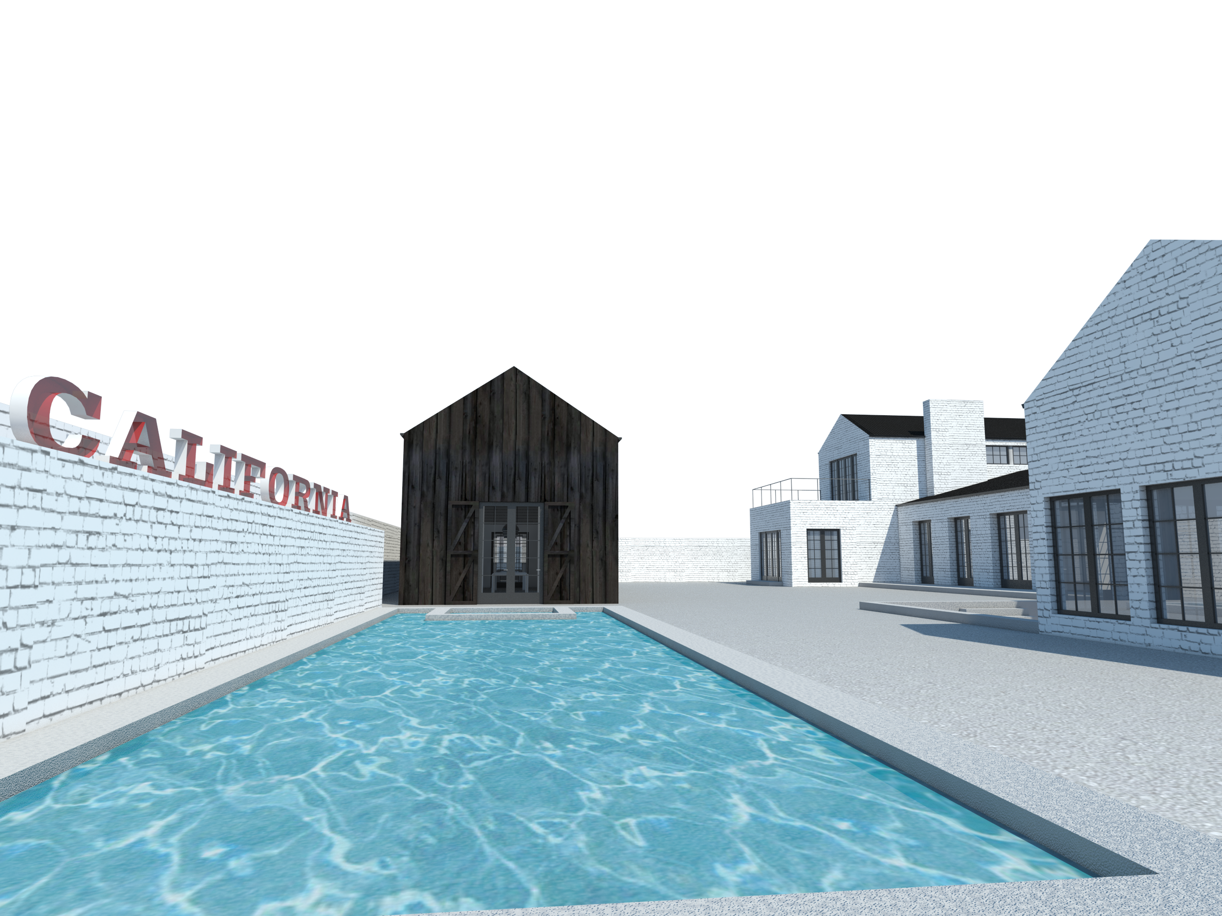A study model view from the pool, looking towards the studio and rear facade. 