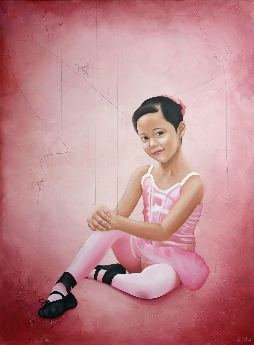 TITERE DE LOS SUEÑOS, mixed media, oil on canvas, 49” x 37 1/4” $1900