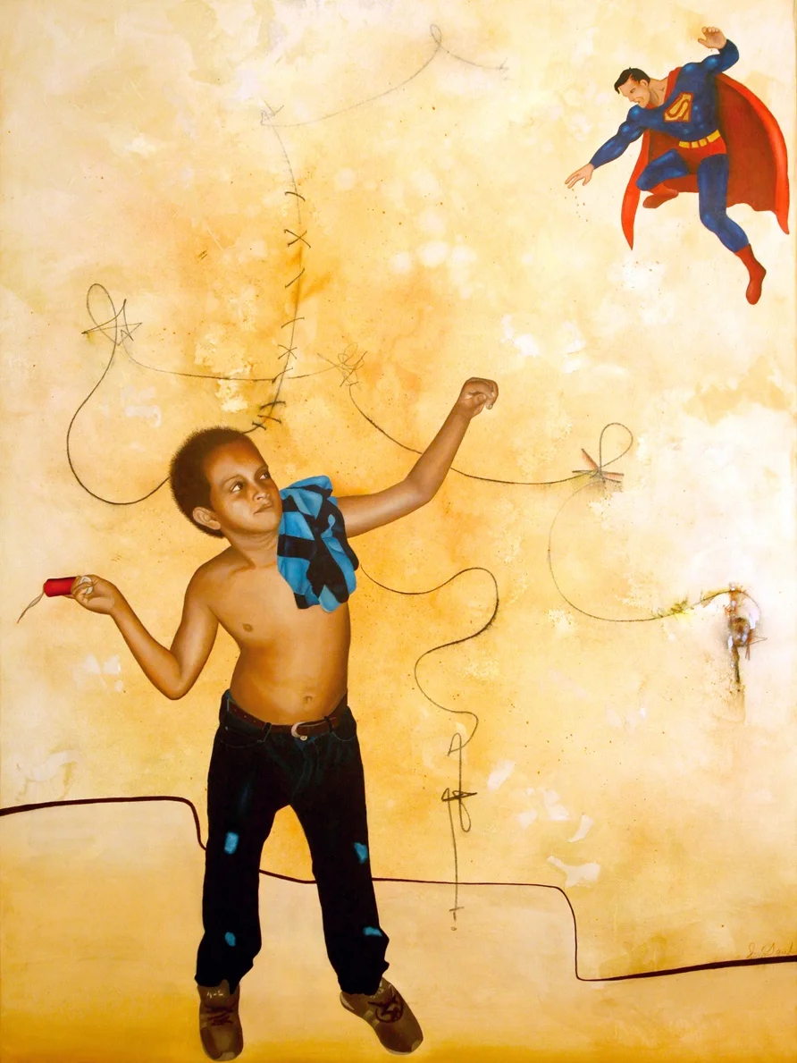 AMENAZA DE FUEGO, mixed media, oil on canvas 49” x 37” $1900