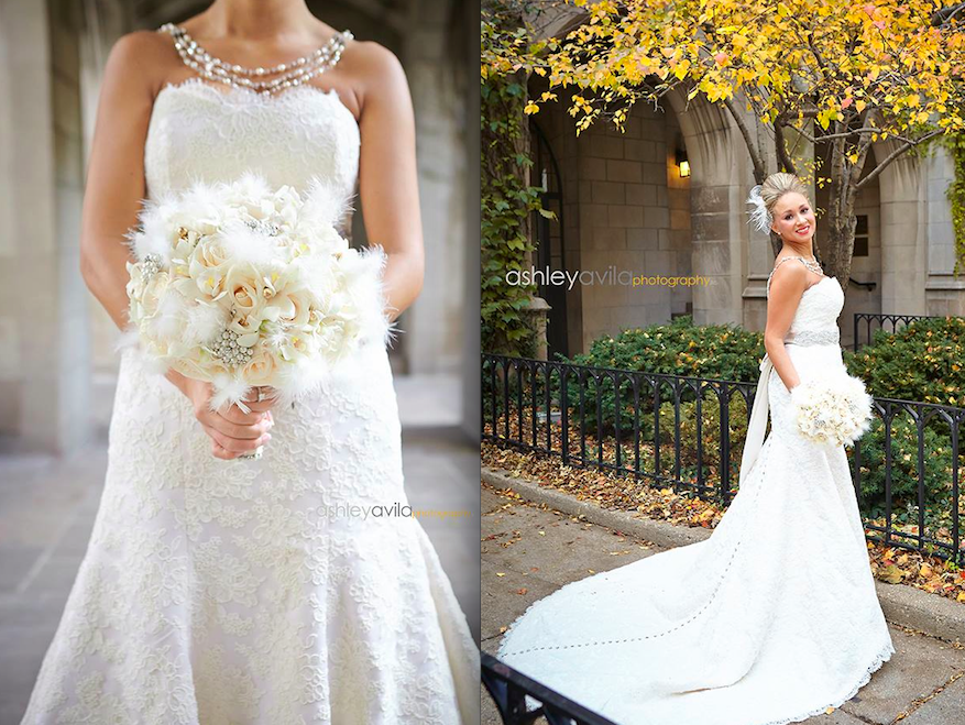 There is nothing more elegant then being a timeless beauty.. One of my favorite gowns in the collection, which is a trumpet cut wedding gown made with ivory Alencon lace, is today's featured blog. This Chicago bride had her complete look from wedding gown, bridal sash, hair accessory & jewelry handmade by me from the Victoria Sdoukos Couture Collection! Together with Whitney, we picked out all her favorite elements such as Swarovski crystal buttons & unique hair accessory to complete her one of a kind look. The process of working with me, allows my client to customize many details to make a statement that is personal to them. I attended the wedding & and can honestly say she was like a Hollywood Star!!! I loved all the details my client had & not to mention her amazing bouquet!!! Congratulations Whitney & thank you for sharing your Wedding Day with me!