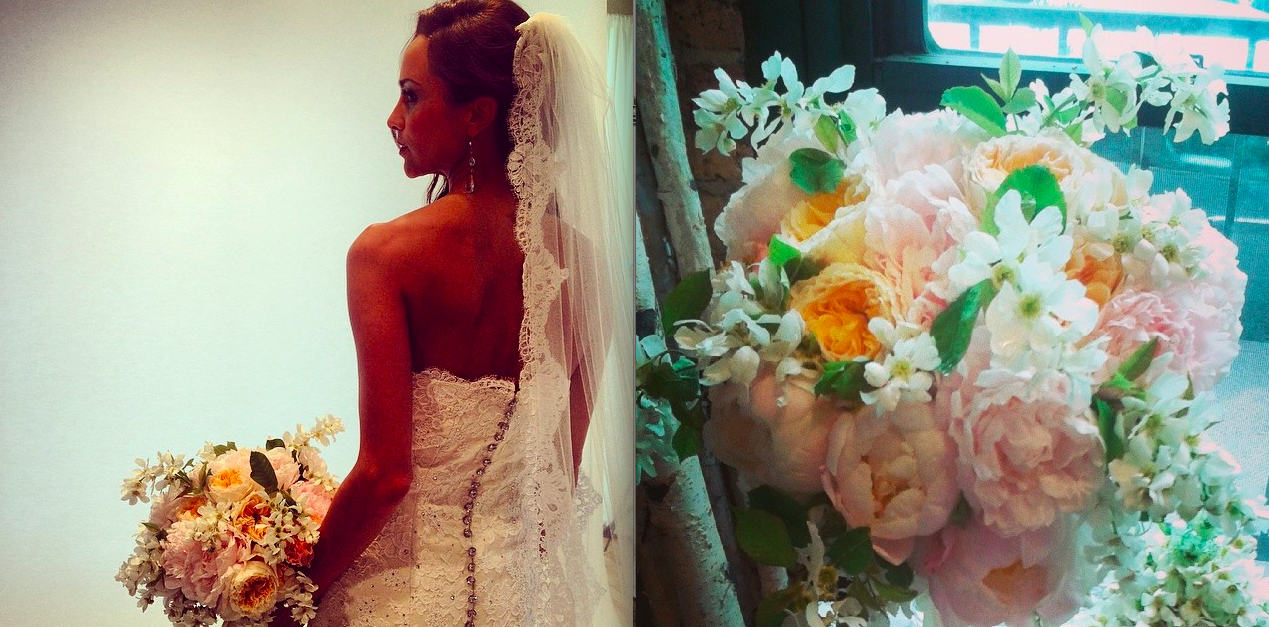 Look #2 comes from Tiffany at OliverDogwood Tiffany's bouquet has a vintage vibe & goes perfectly with this alencon lace gown. Complete look from the Victoria Sdoukos Couture Collection. Hair from Lati at The Bridal Beauty Salon located in Wicker Park. Makeup from Elise at Leesi B Cosmetics located in Chicago.