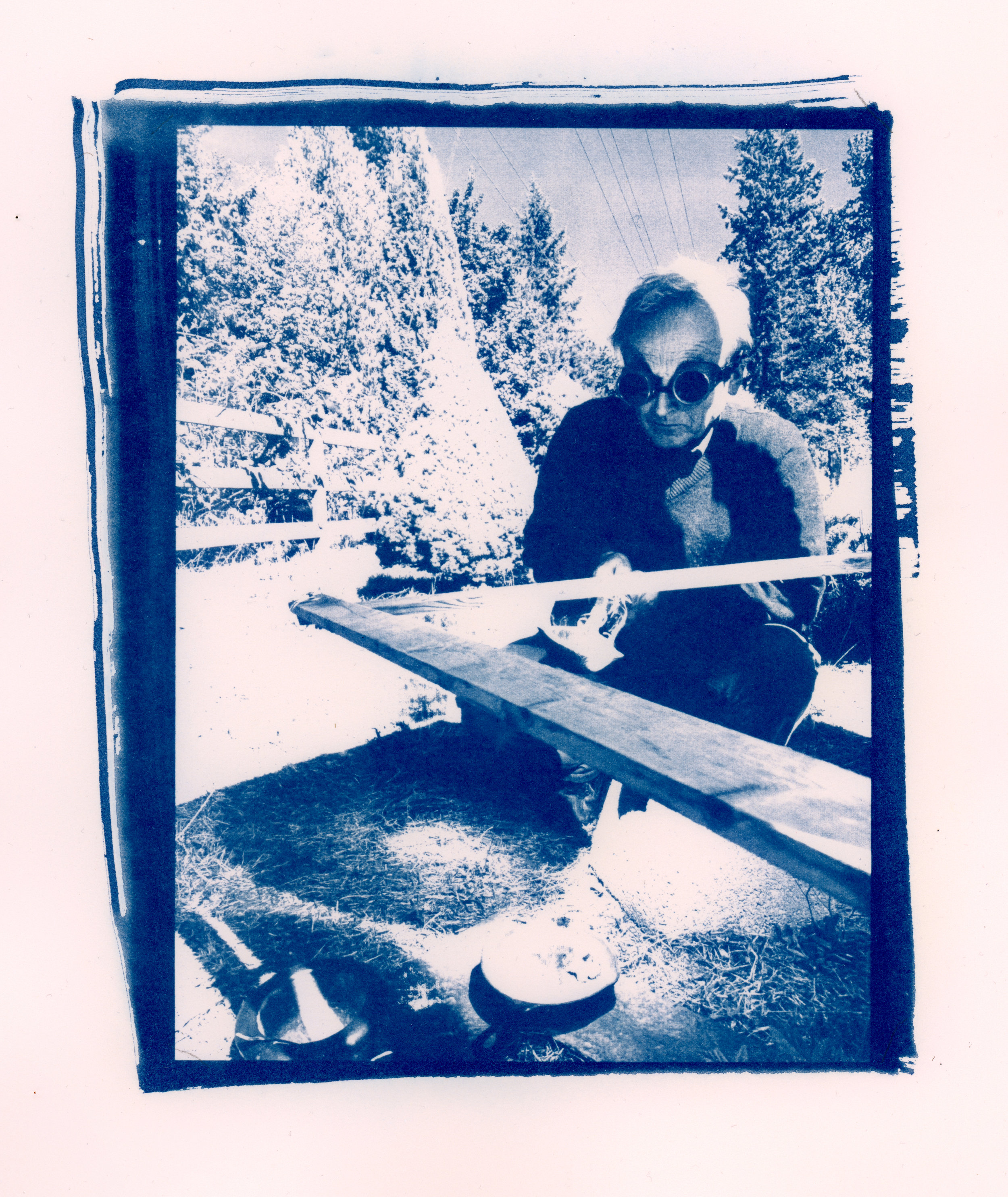 hans-peter, at it again (fusing antimony glass with pure gold using only the light of the sun) cyanotype the head of an alchemical institute in germany. he would wake me up at 6 every morning to make tea in my trailer, as it was the only one wi