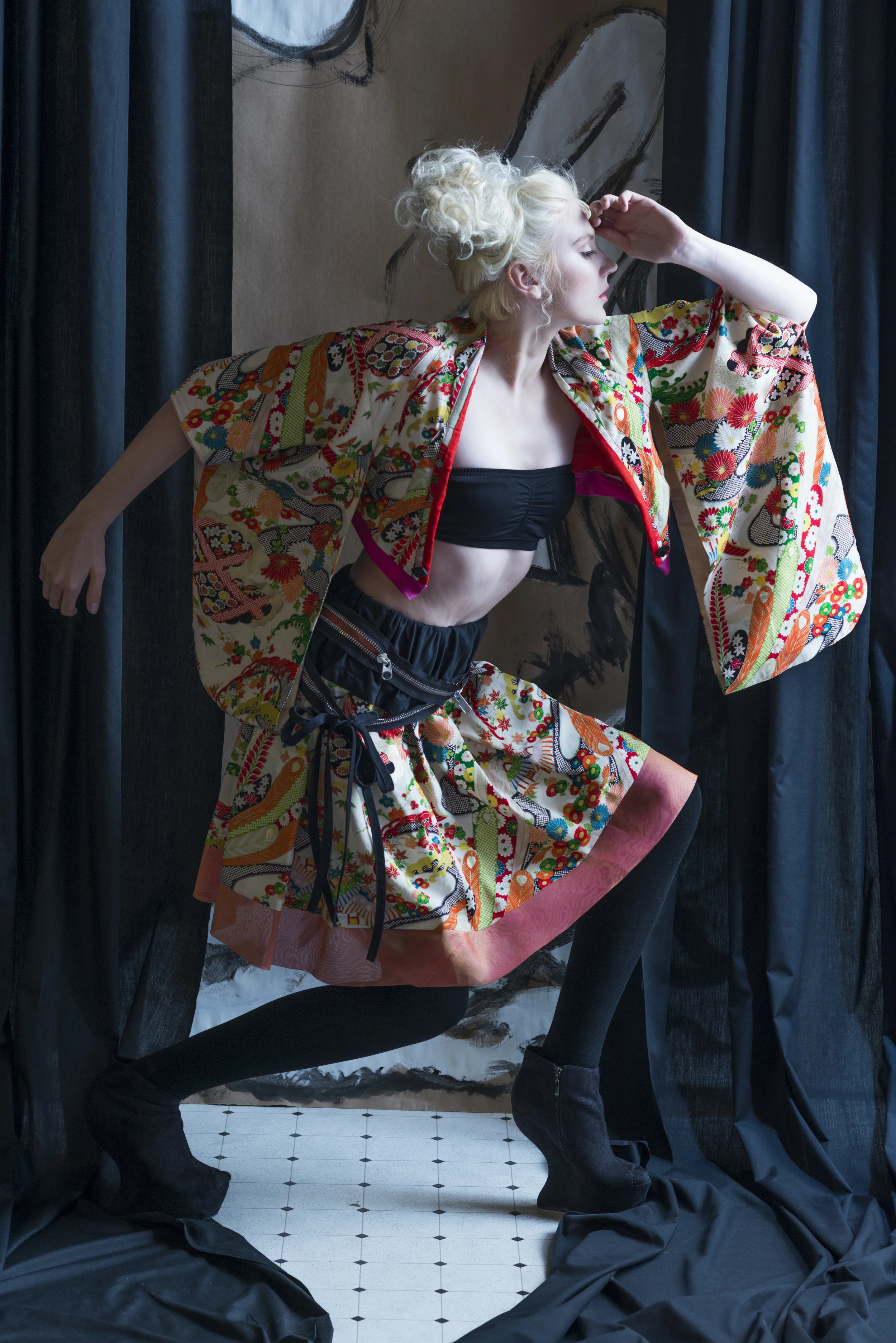 Punk Rock Kimono Jacket and Skirt.  Vintage Kimono fabric