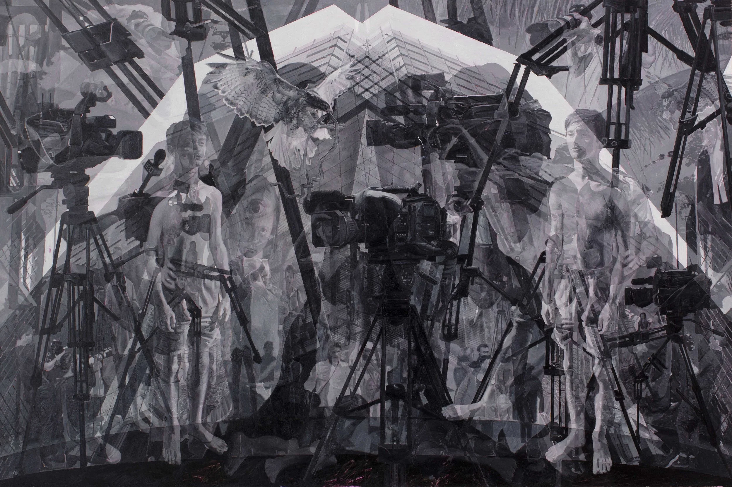Appearing Before the Hawks, the Hounds and Those who tell the Stories, oil on board, 143 x 213cm, 2018.
