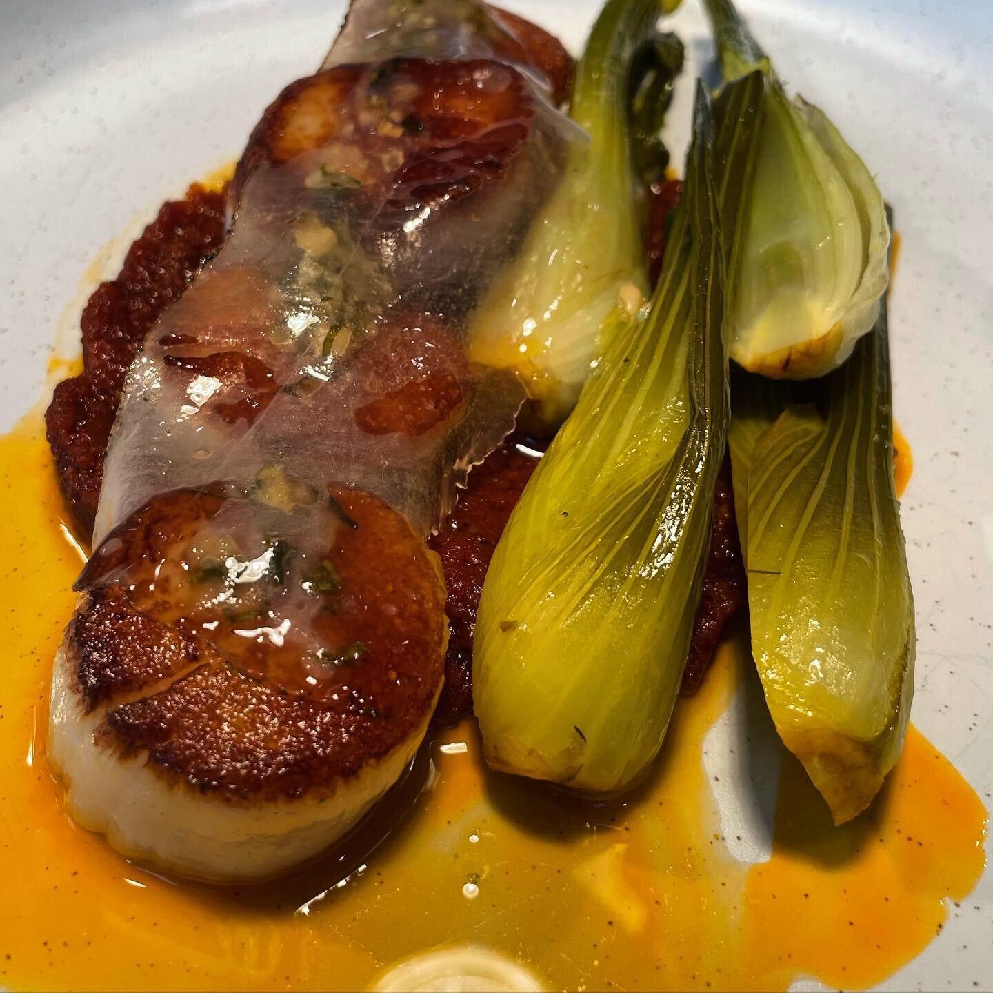 Why Hello, it&rsquo;s been a little while since we&rsquo;ve talked! Chef has been working on some new Spring dishes! Featured here is the Saut&eacute;ed Maine Scallops &ldquo;Gamberi&rdquo; Tomato Concasse, Saffron-Baby Fennel, Iberico Lardo. Look fo