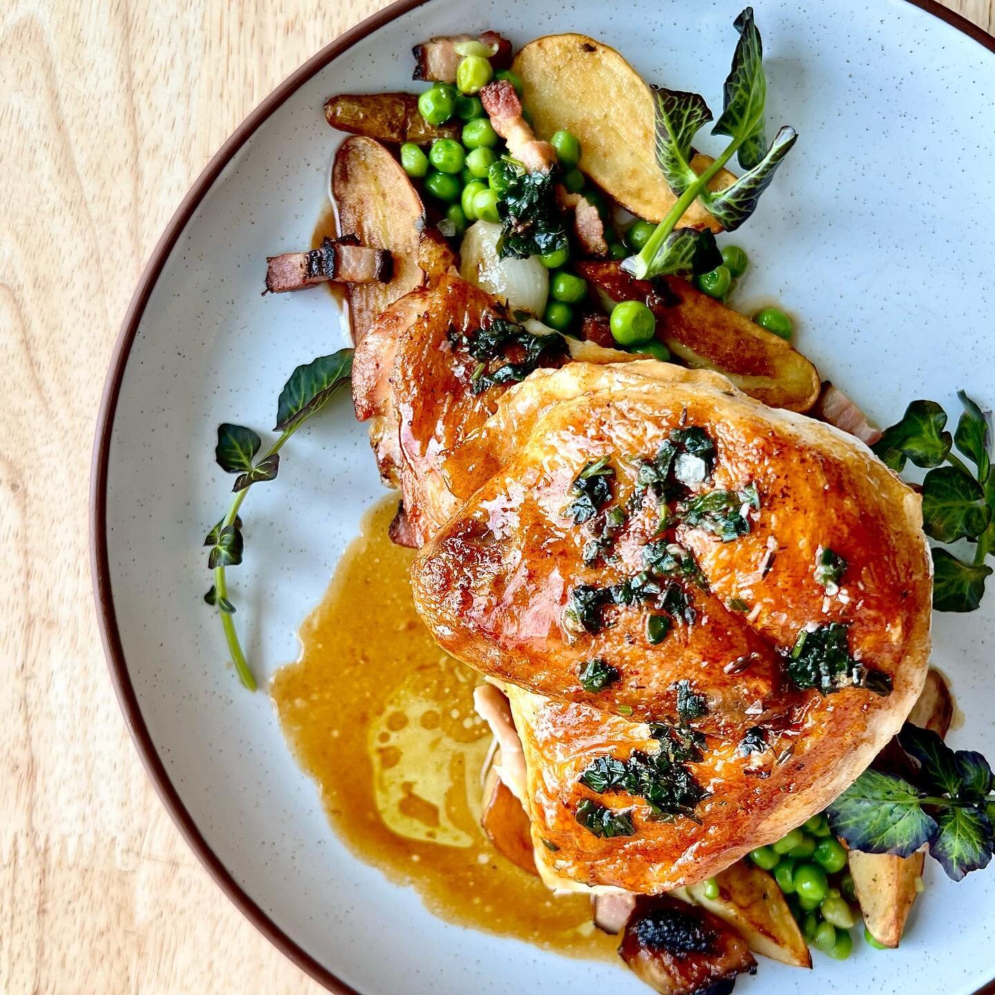 If you haven&rsquo;t tried chef&rsquo;s new chicken, today your lucky day!! We are now open on Sunday nights.

Bell &amp; Evans heritage chicken, fingerlings, english peas, onion, FSE bacon, anchovy salsa verde, white wine shallot jus (and it&rsquo;s
