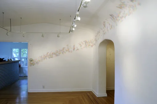    Divots, Bumps, Cracks and Lint (haus),&nbsp; colored pencil on wall, southeast corner, 2009  