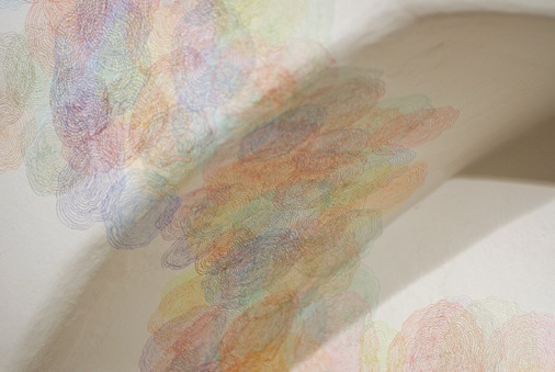    Divots, Bumps, Cracks and Lint (haus),&nbsp; colored pencil on wall, fireplace detail, 2009  