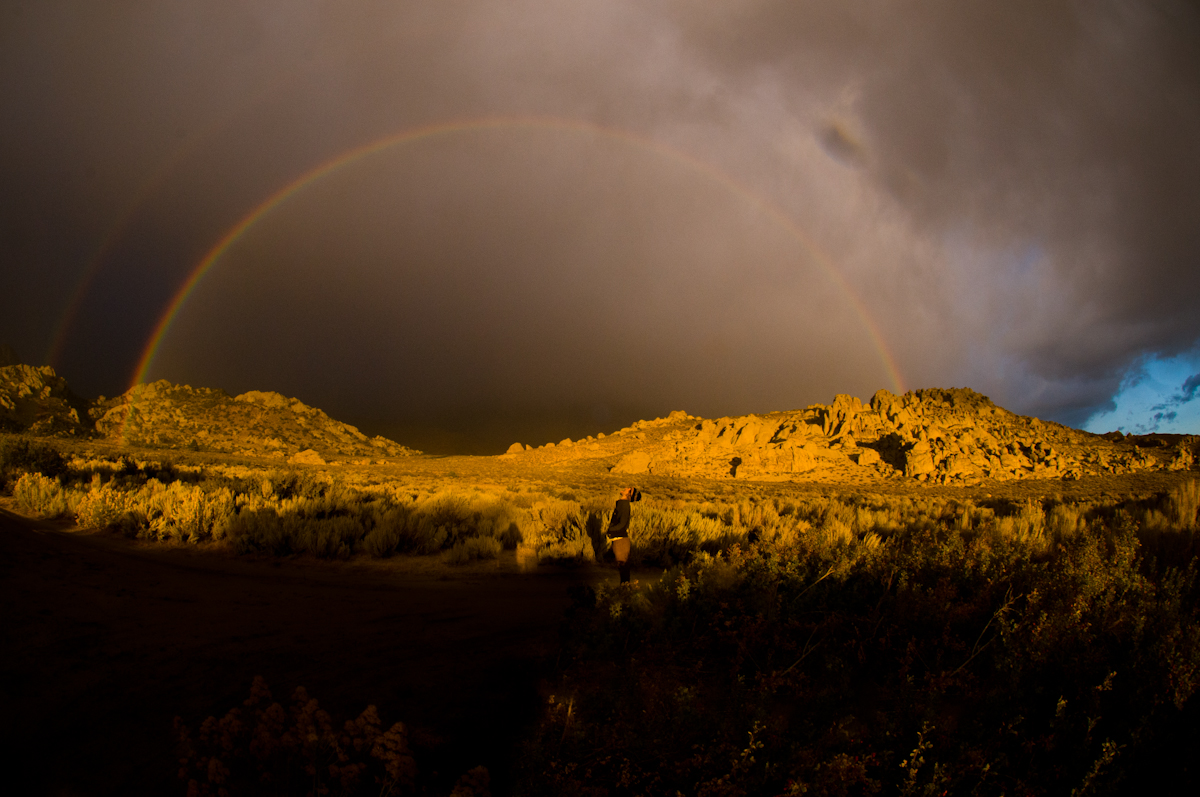 A rainbow at sunrise in Buttermilk Country near Bishop, Calif., on Oct 2, 2008. The Buttermilks are a popular rock climbing destination in the eastern Sierra Nevada.