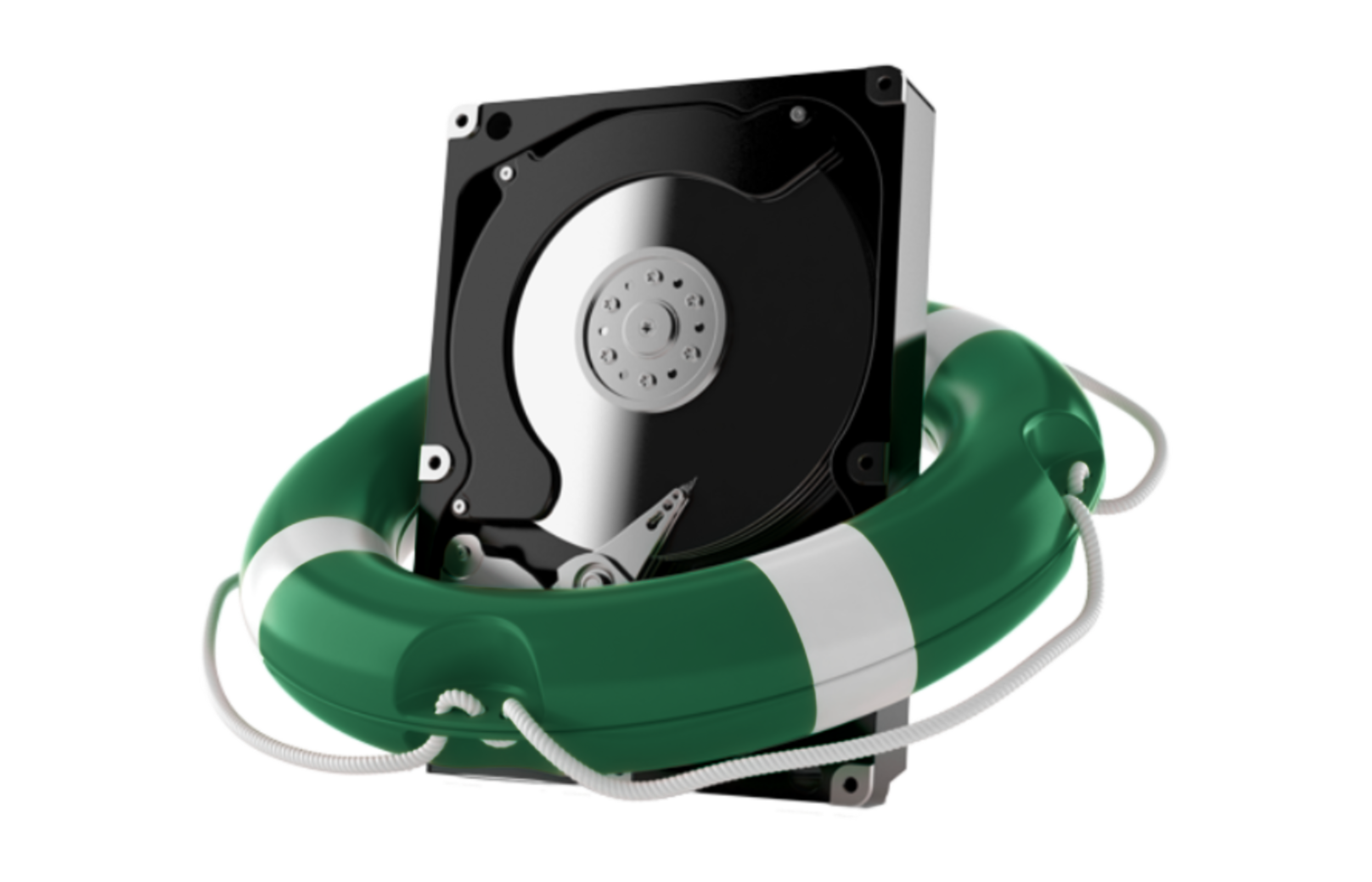 A black hard drive being held by a hand with a green and white inflatable ring around the hand.