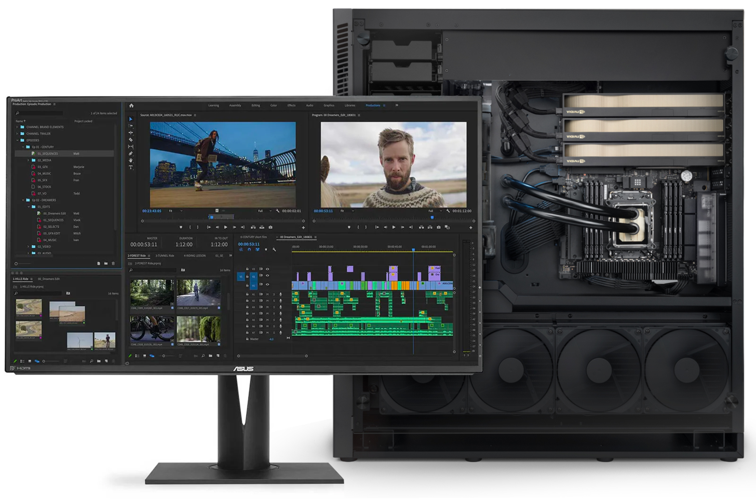 Computer workstation with an open tower and a widescreen monitor displaying video editing software interface.