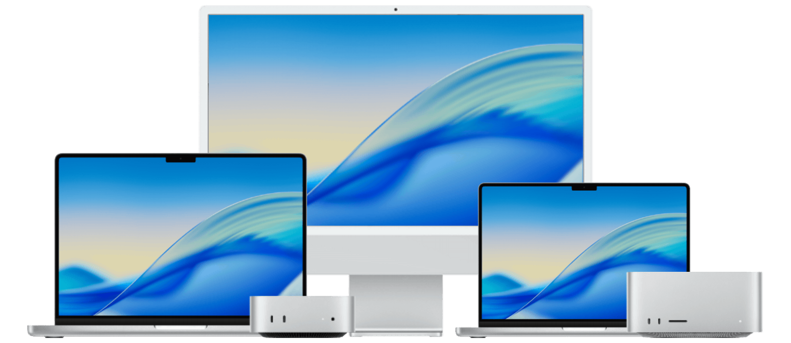 A collection of Apple computers including two MacBook laptops, two Mac Mini desktop computers, and an iMac desktop computer, all displaying the same blue wave wallpaper.