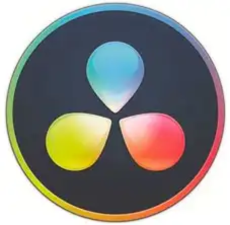 DaVinci Resolve logo, colorful three-pointed design on dark background