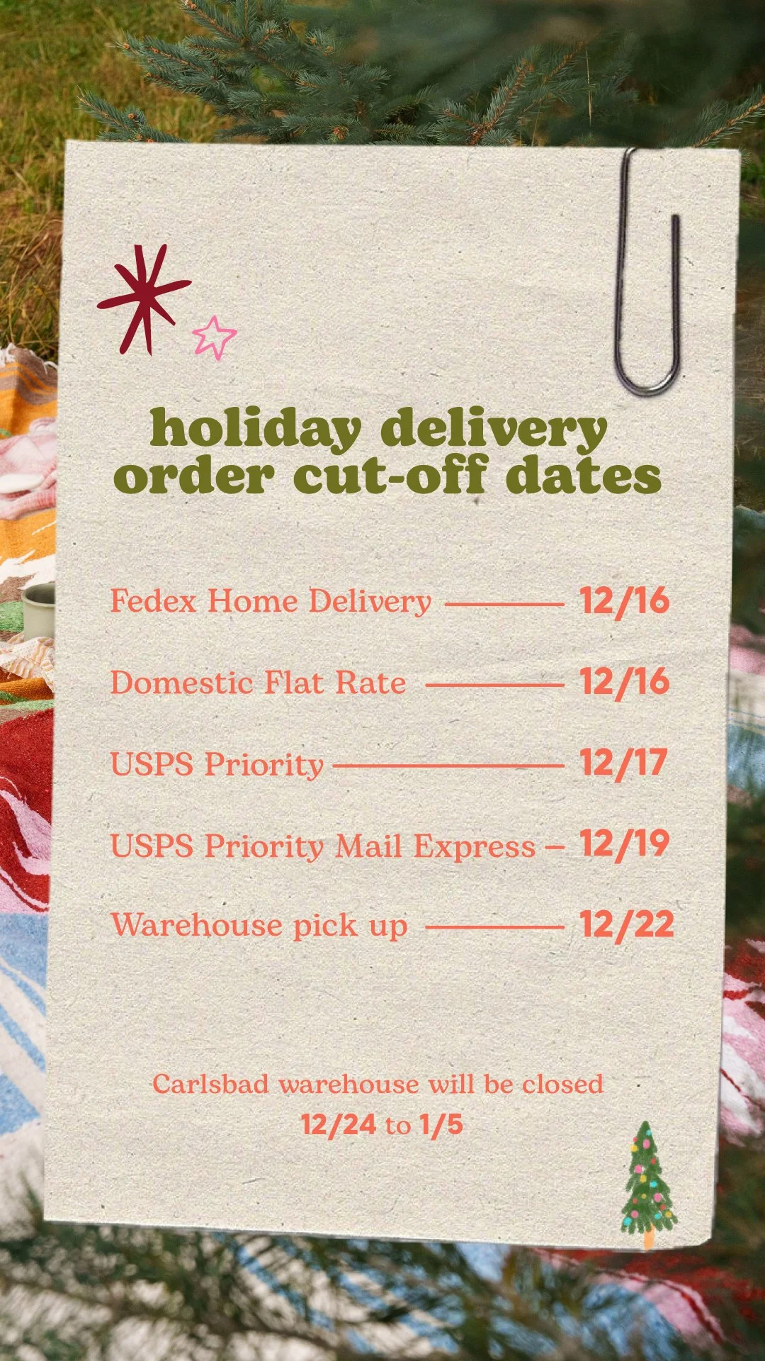 holiday delivery order cut-off dates