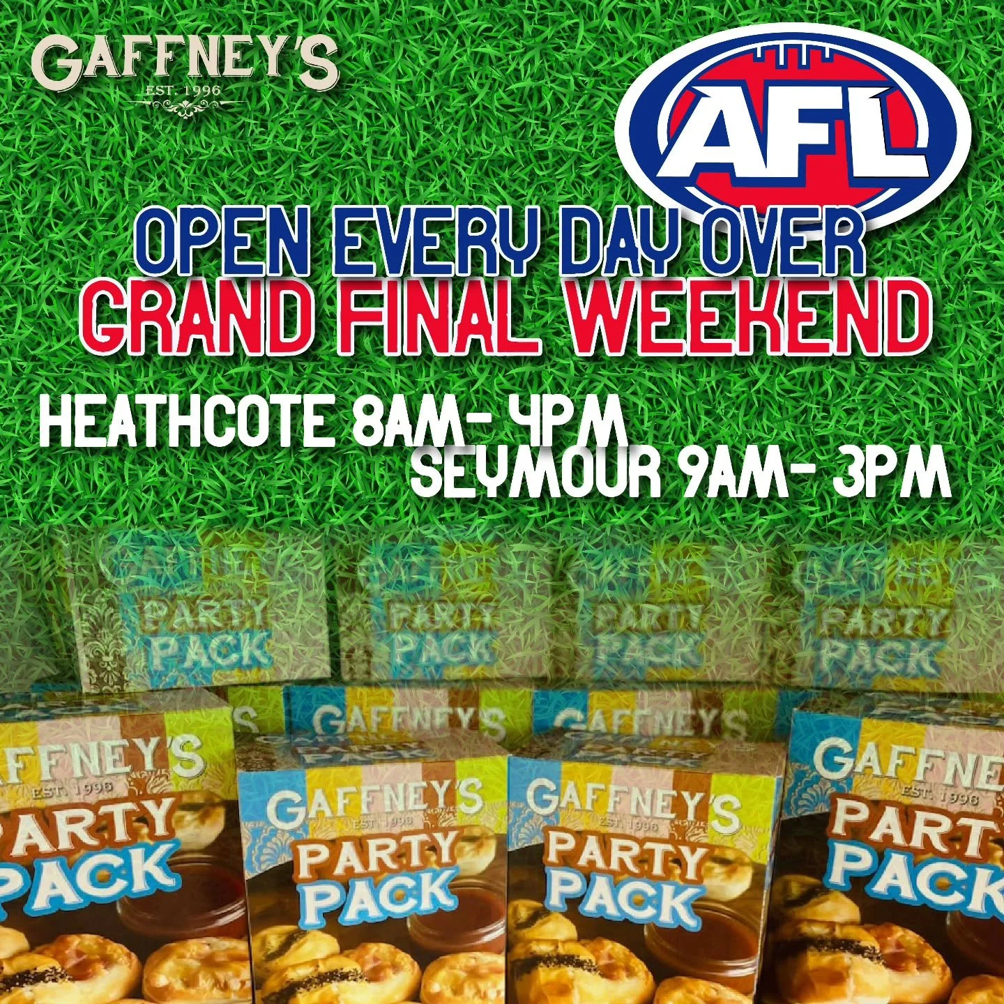 We're all ready to go for the Grand Final Long Weekend! 
Open every day with all your footy faves!