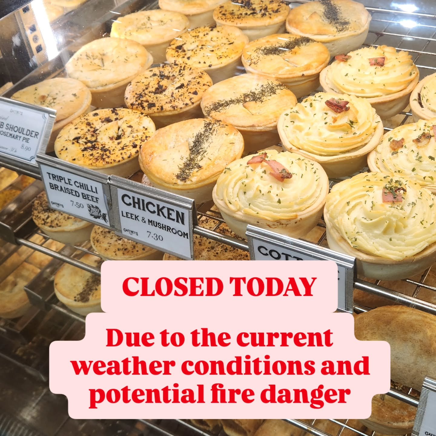 Apologies to all of our customers today as we are choosing to close due to safety concerns regarding the 'catastrophic' weather conditions and ongoing fires nearby. 
Please make sure you are all staying safe and checking in on friends and family duri