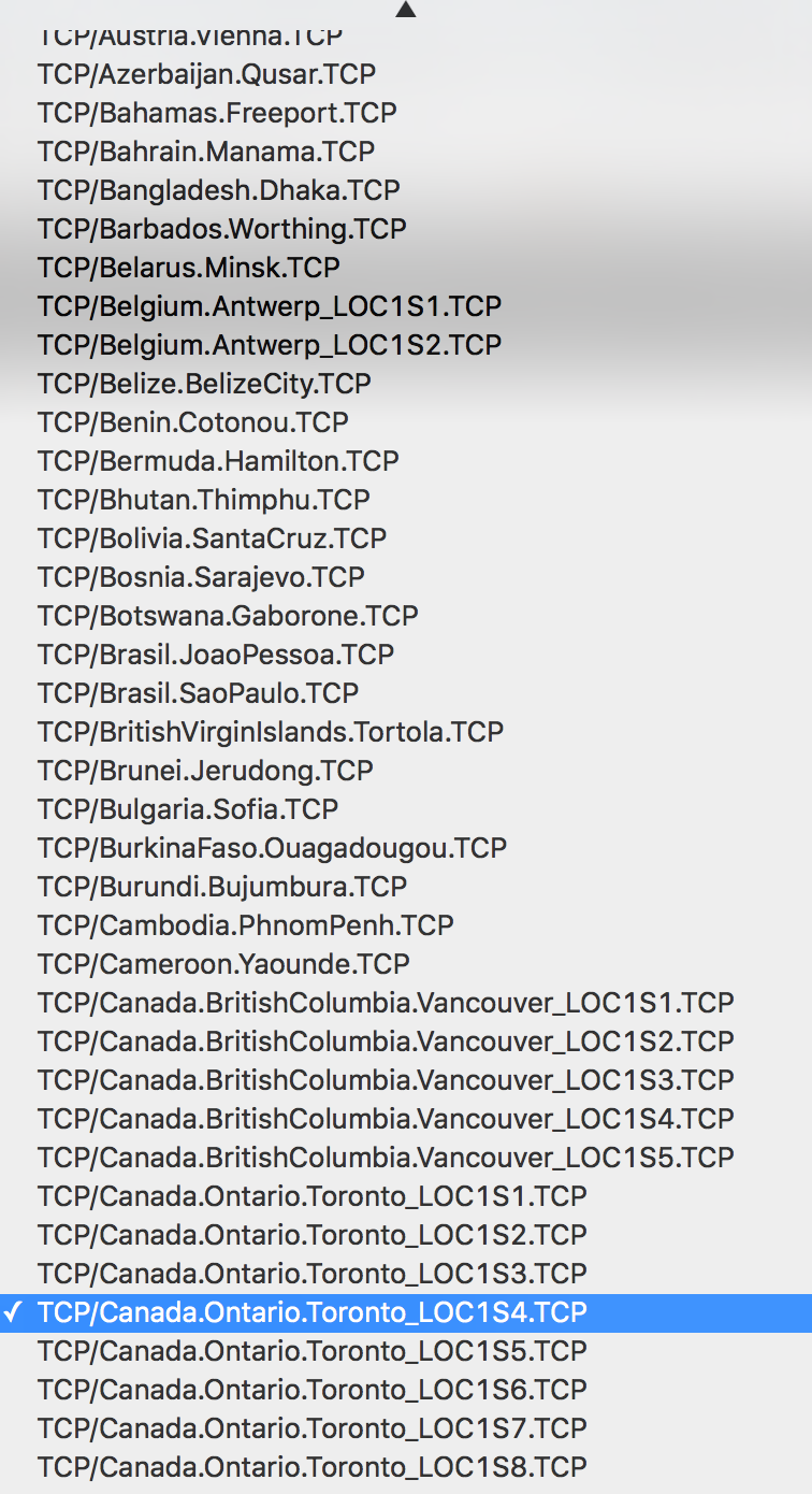 Sample of the incredibly long difficult to choose HideMyAss server list