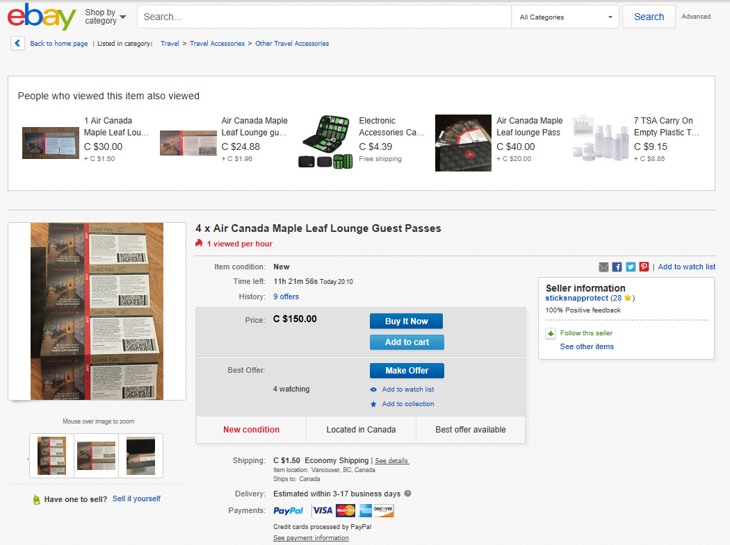 Someone selling 4 Air Canada Maple Leaf lounge access on eBay.