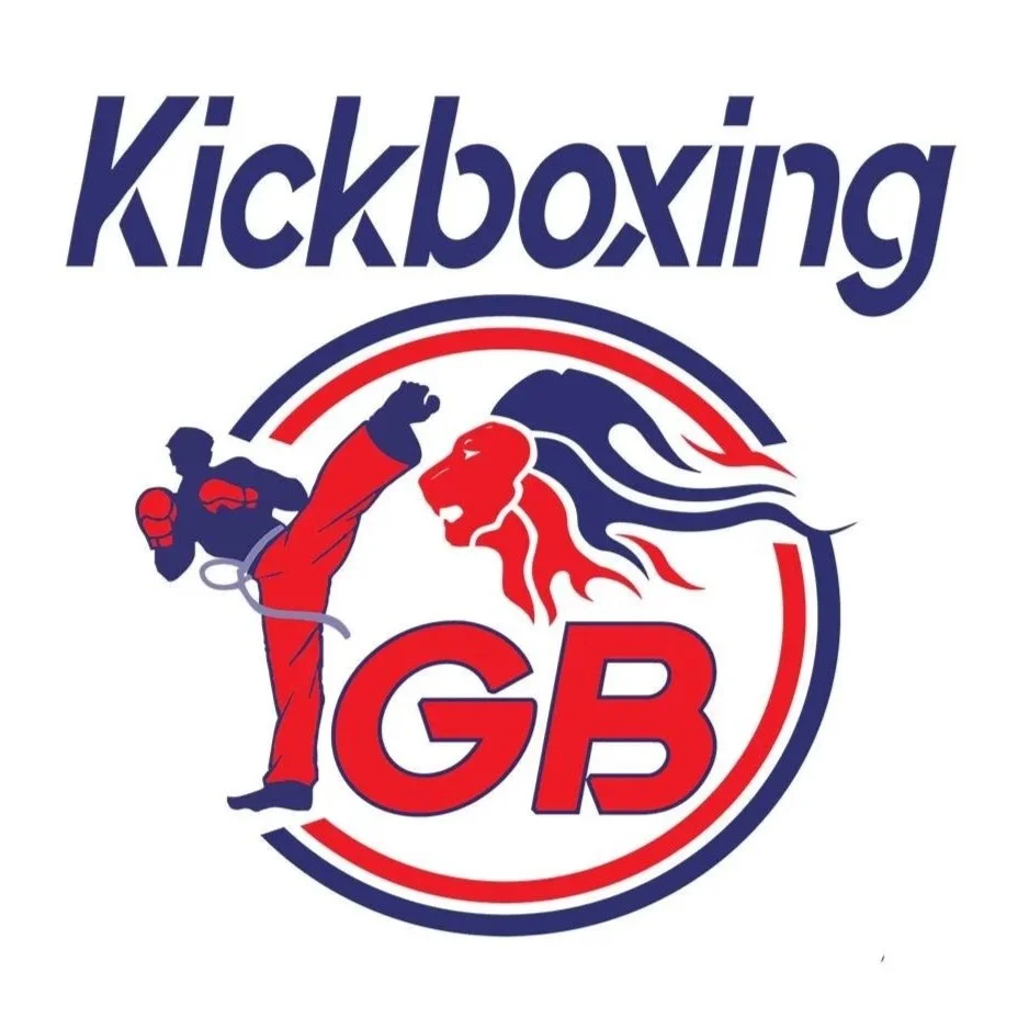 Logo for kickboxing GB featuring a stylized lion with flowing mane and a martial artist performing a high kick, with the initials 'GB' inside a circle